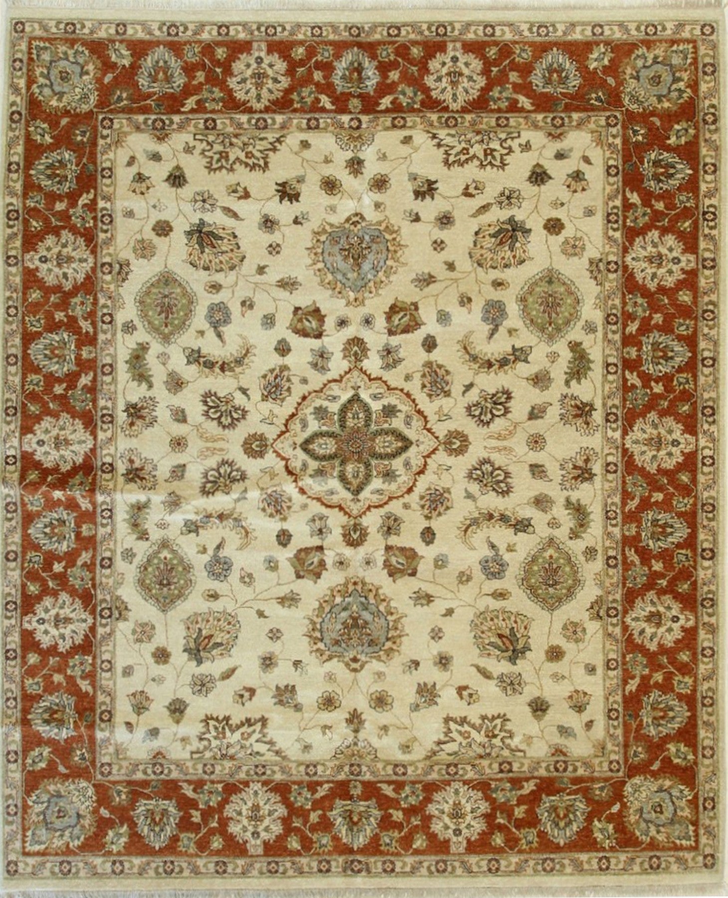 Isolated view of Exquisite Agra Multicolor Hand Knotted Wool Rug, showcasing its intricate, vibrant floral and geometric design.