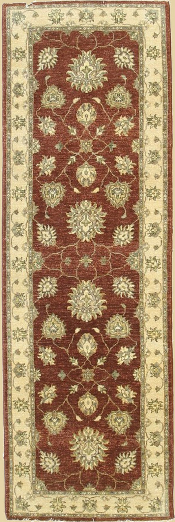 Isolated view of Timeless Oushak Red Hand Knotted Wool Rug, showcasing its intricate floral and geometric design.