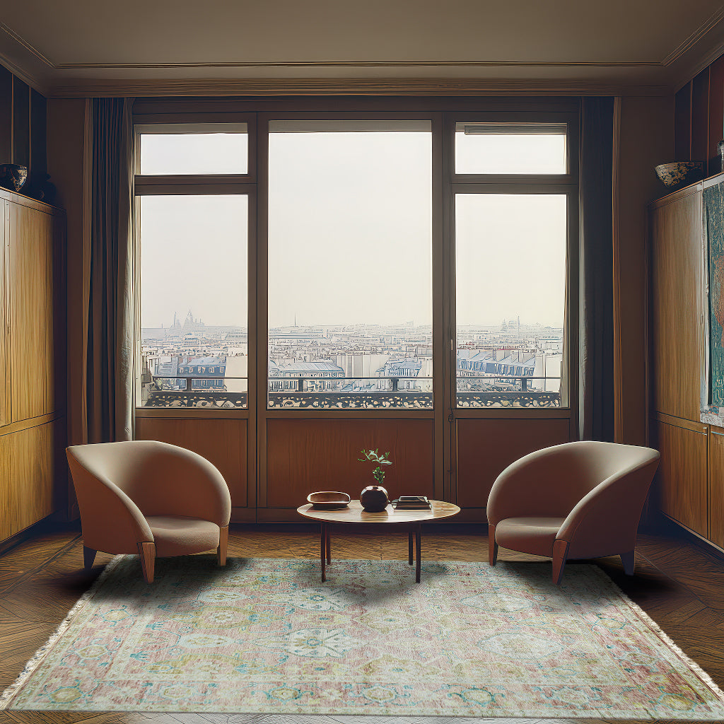Timeless Oushak Pink Hand Knotted Wool Rug, showcasing its soft pink hue and intricate, traditional Oushak design, rests elegantly on a light wood floor.