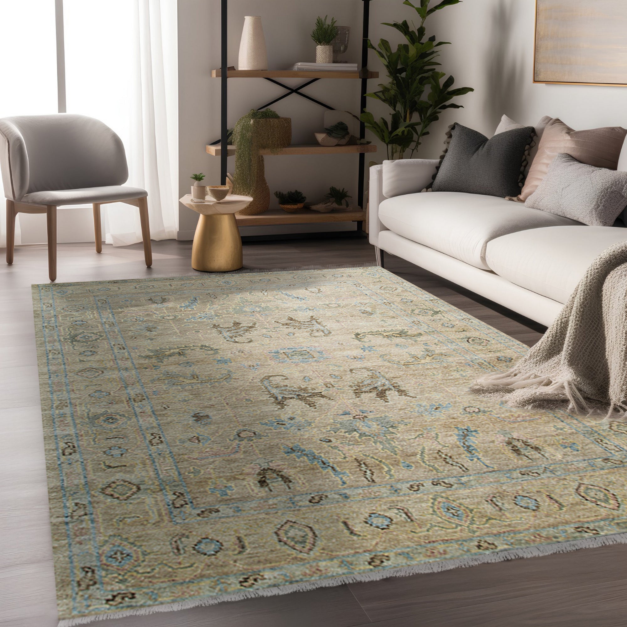 Captivating Traditional Beige Hand Knotted Wool Rug, beige wool rug with intricate traditional patterns, showcased in a bright living room setting.
