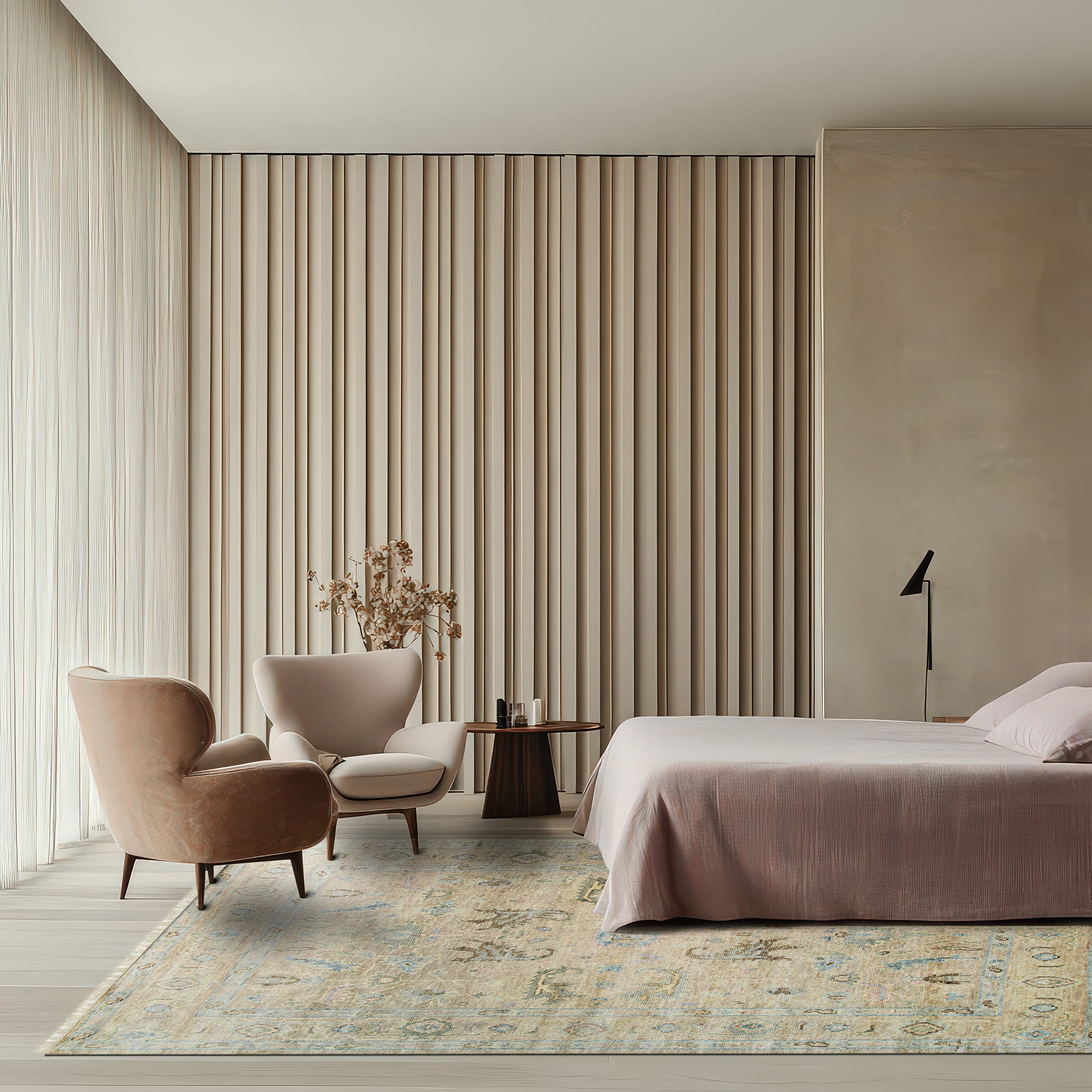 Captivating Traditional Beige Hand Knotted Wool Rug, a warm beige wool rug hand-knotted with an intricate traditional pattern, softly illuminating a warmly lit room.