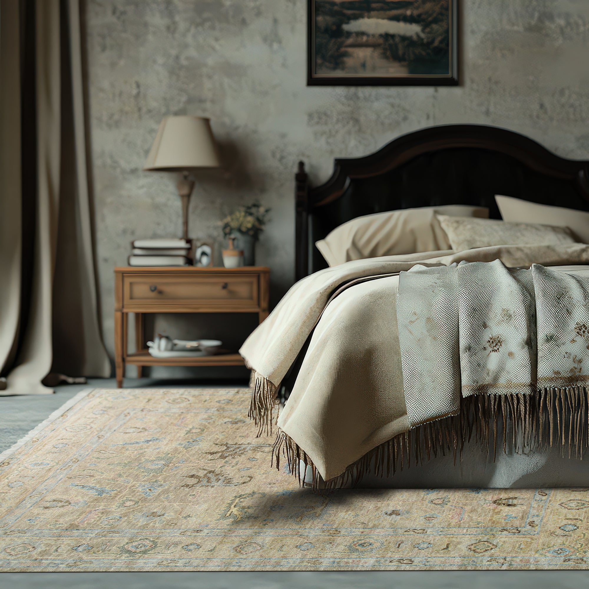 Captivating Traditional Beige Hand Knotted Wool Rug, displaying intricate patterns and warm neutral tones, laid elegantly on a hardwood floor.
