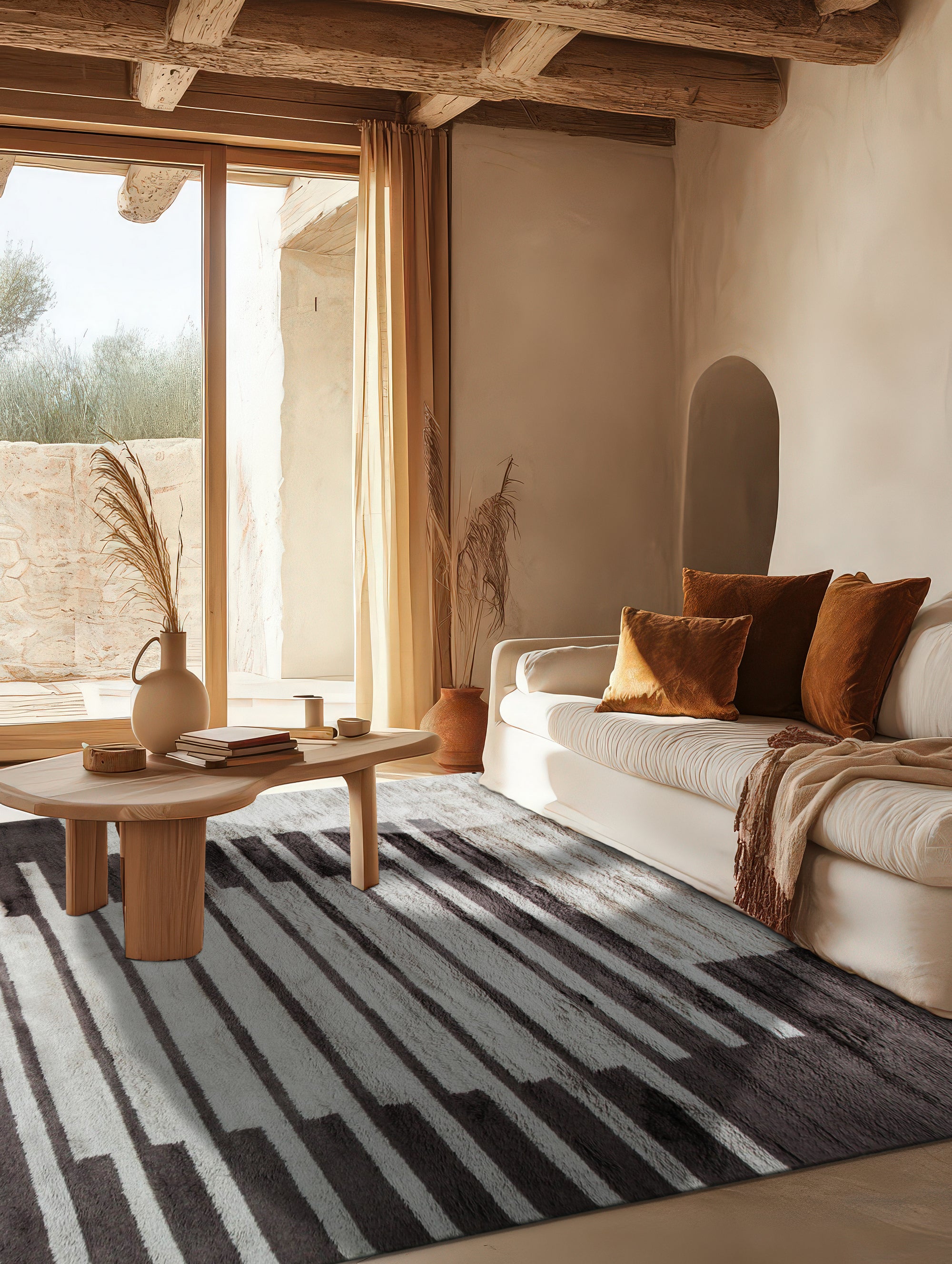 Here's the alt text, following your instructions for image position 3:
 
 Nadia Mira Brown Hand Knotted Wool Rug, its intricate pattern blending earthy browns in a hand-knotted wool construction, displayed in a room setting.