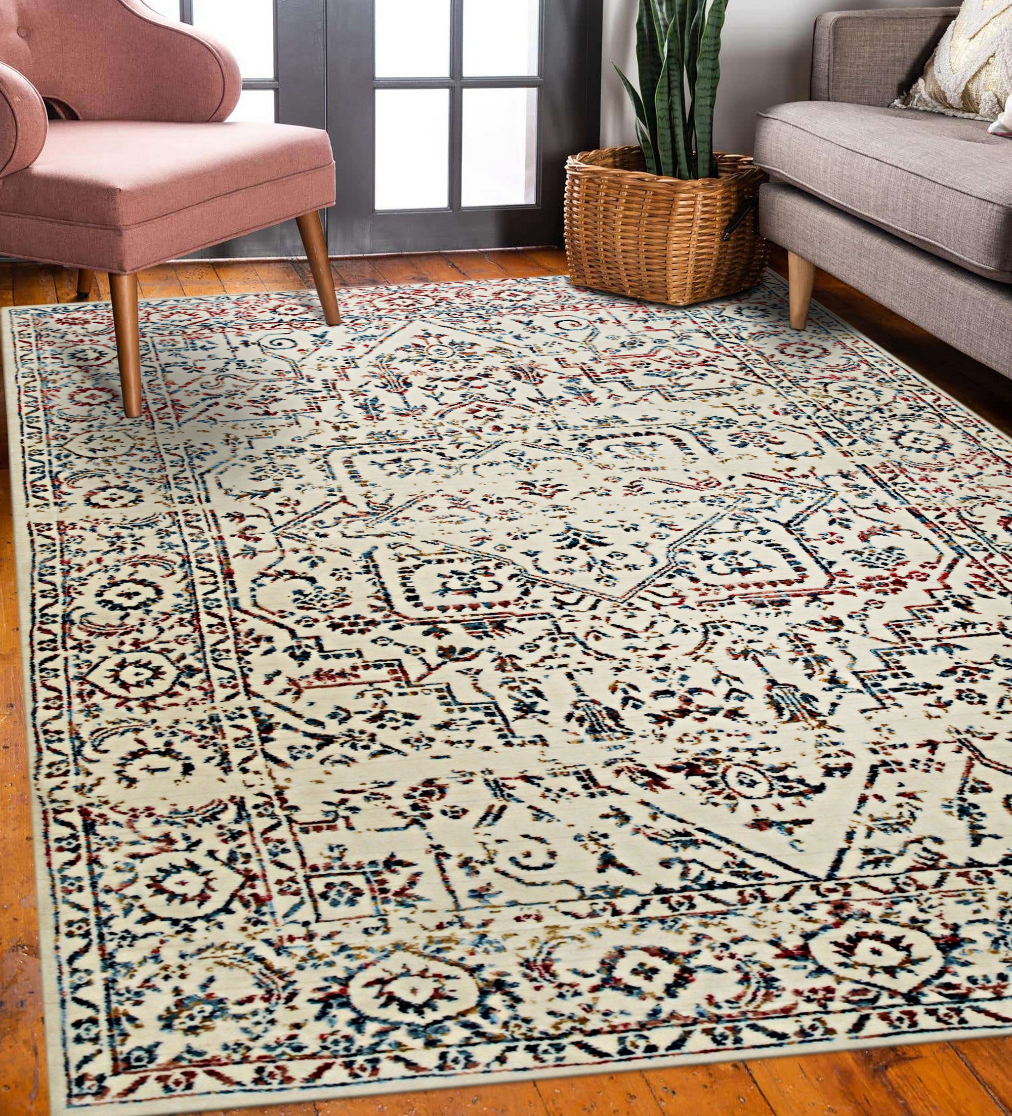 Lila Chic Multicolor Hand Knotted Wool & Viscose Rug, blending vibrant hues in a contemporary design, laying flat on a hardwood floor with hints of furniture suggesting a living room setting.
