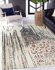 Penelope Elegant Teal Machine Made Wool & Viscose Rug, a teal and cream rug with an elegant, distressed design, filling a warmly lit living room with contemporary furniture.