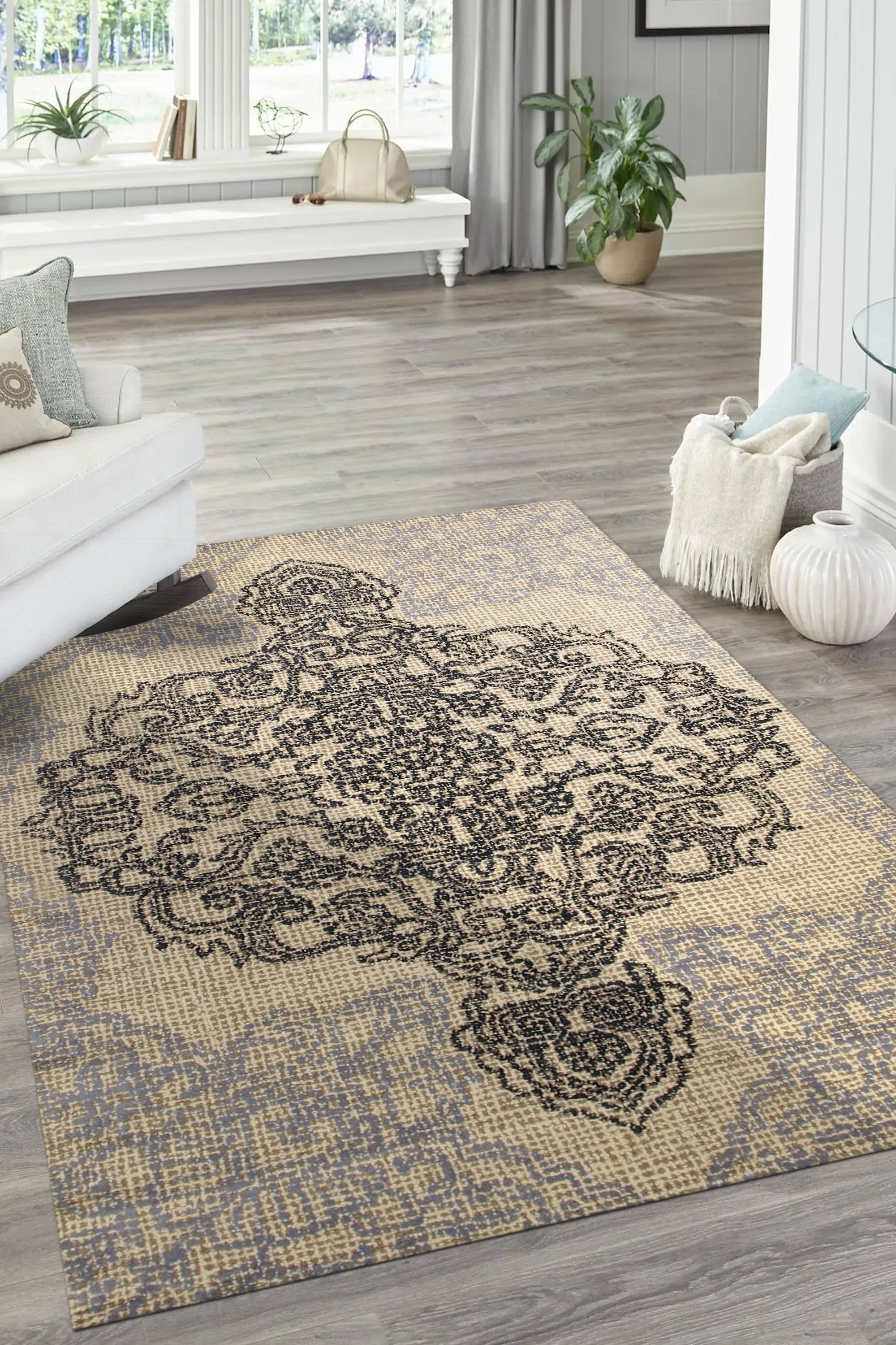 Rustic Stylish Beige Hand Tufted Wool Rug, warm beige hues and textured hand-tufted wool create a cozy, inviting atmosphere in a contemporary living space.