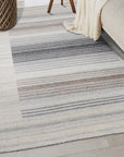 Classic Artistic Gray Flatweave Wool & Viscose Rug, its subtle gray tones and flatweave construction adding sophisticated texture to a bright, modern living space.