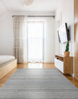 Clara Unique Gray Flatweave Wool & Viscose Rug, its subtle gray hues and flatweave construction complement a contemporary living room setting.