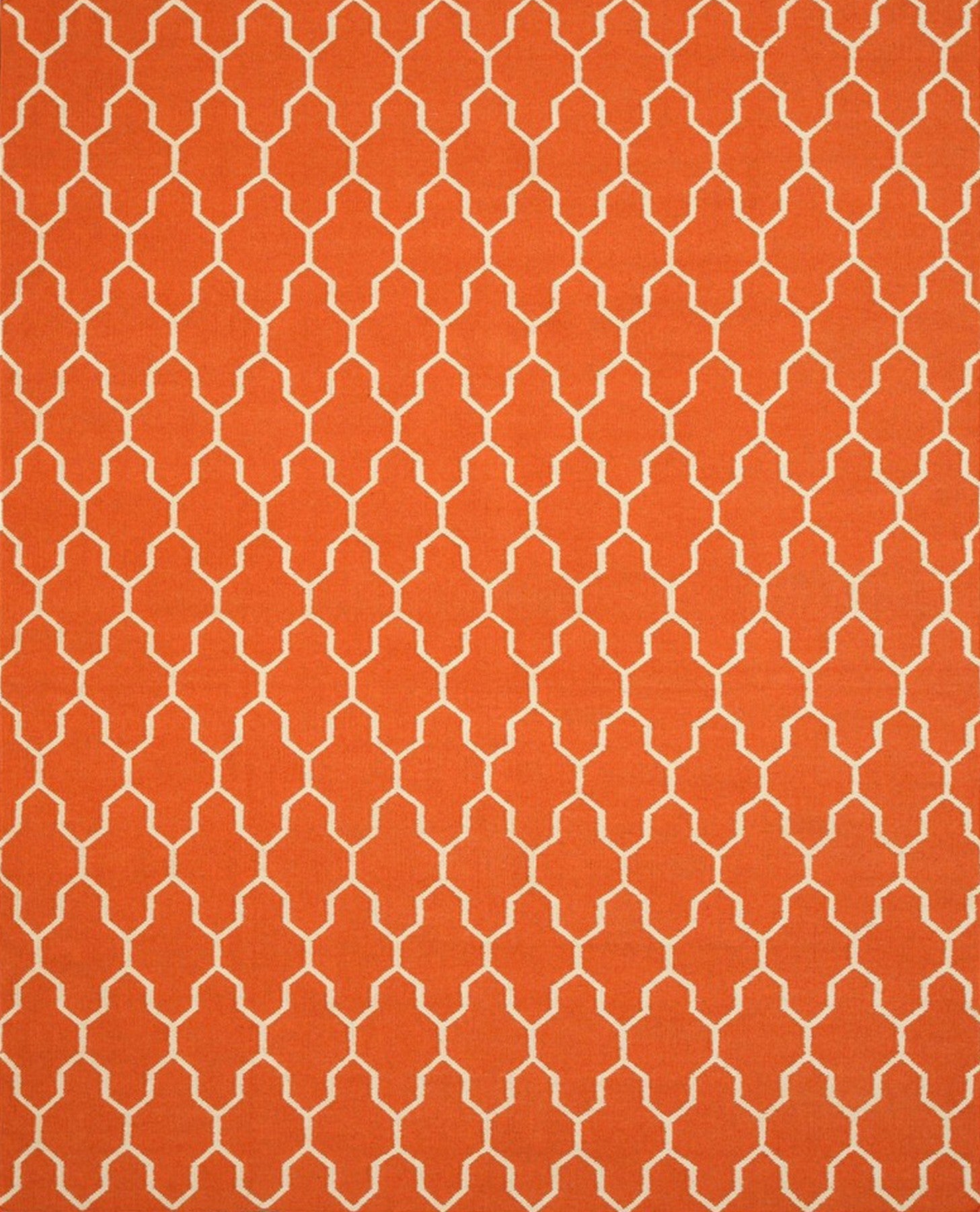 Isolated view of Classic Moroccan Orange Flatweave Wool Rug, showcasing its geometric diamond and line design in vibrant orange, cream, and touches of brown.