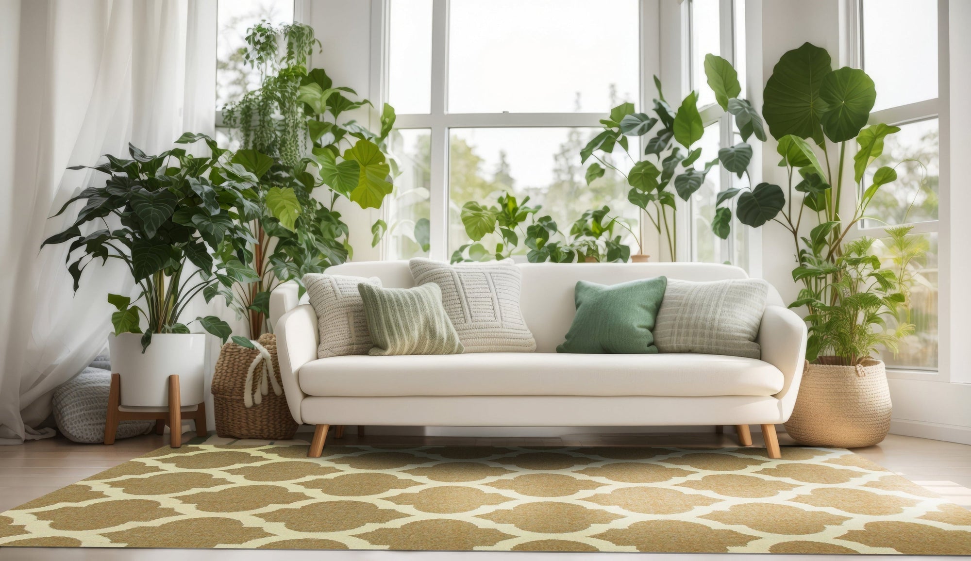 Iris Moroccan Brown Flatweave Wool Rug, showcasing a warm brown palette and intricate geometric patterns in a modern living room setting.