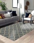 Alluring Bianca Blue Flatweave Wool Rug, showcasing a modern living room with the rug anchoring the space, its flatweave construction and blue tones complementing the contemporary decor.