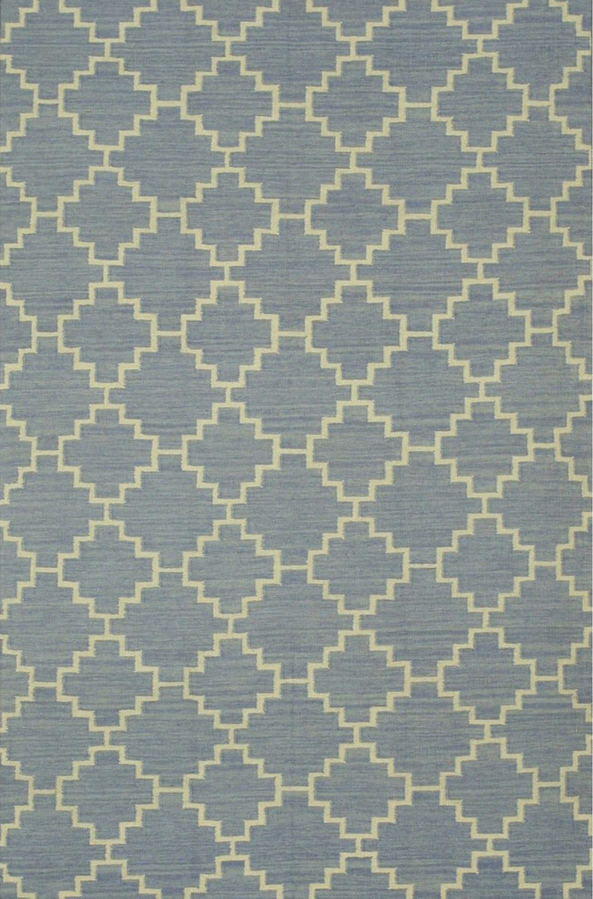 Isolated view of Ruby Moroccan Blue Flatweave Wool Rug, showcasing its geometric diamond lattice design in shades of blue, cream, and soft red.