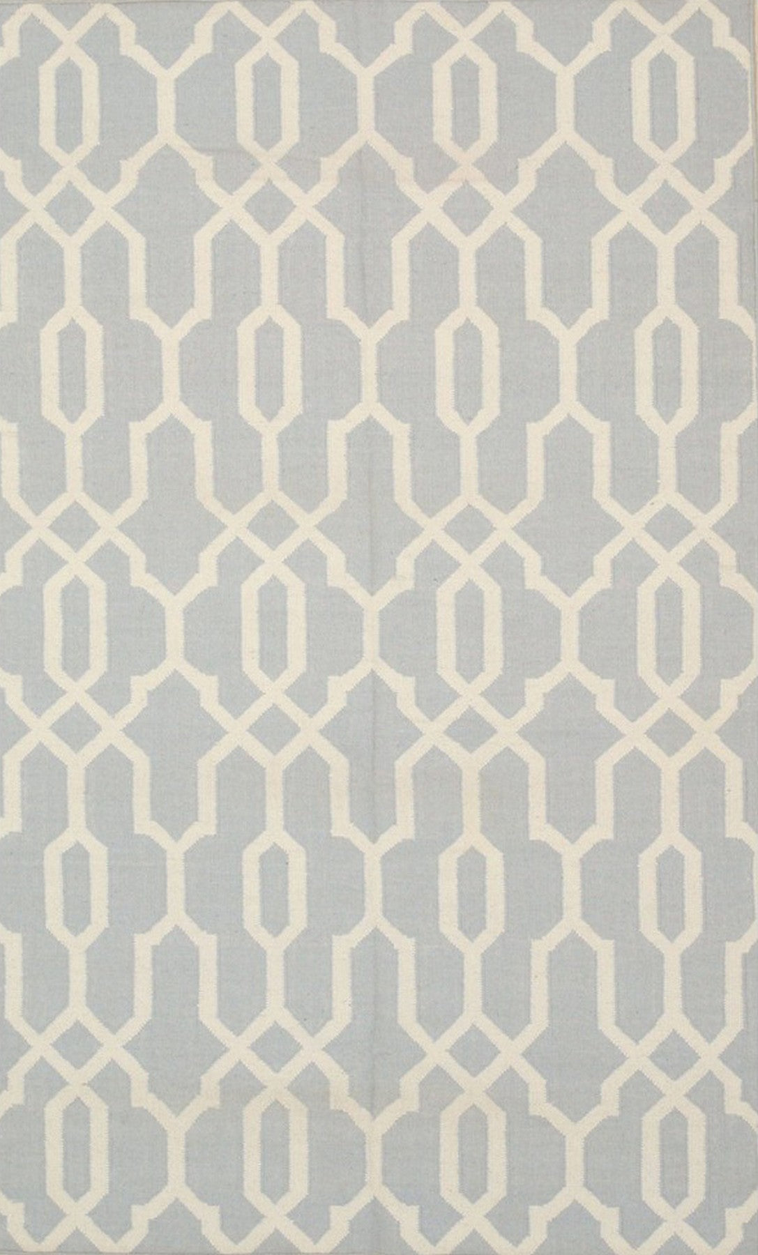 Chloe Trellis Blue Flatweave Wool Rug, showcasing its intricate trellis design in shades of blue against a neutral background.