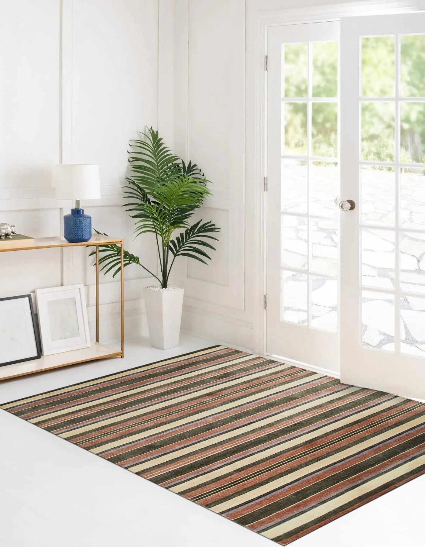Enchanting Xena Multicolor Handmade Wool Rug, a vibrant splash of color and texture under a contemporary side table; wool fibers create a soft, inviting surface in a modern living room setting.