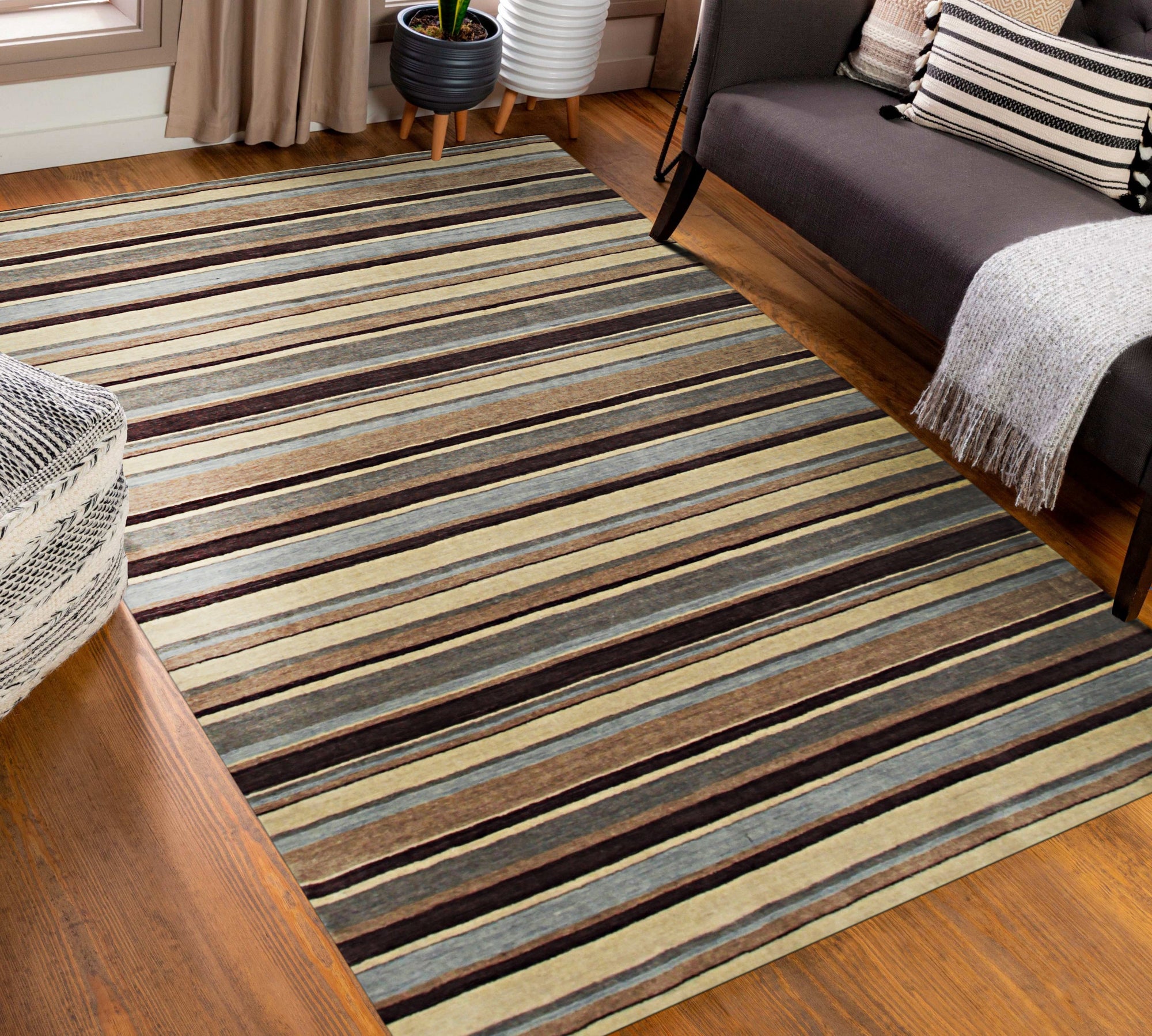Trendy Classic Multicolor Handmade Wool Rug, a vibrant splash of color and traditional design, anchors a modern living room with its intricate patterns and plush wool texture. Warm light highlights the rug's rich hues, contrasting beautifully against sleek furniture.