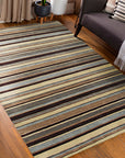 Trendy Classic Multicolor Handmade Wool Rug, a vibrant splash of color and traditional design, anchors a modern living room with its intricate patterns and plush wool texture. Warm light highlights the rug's rich hues, contrasting beautifully against sleek furniture.