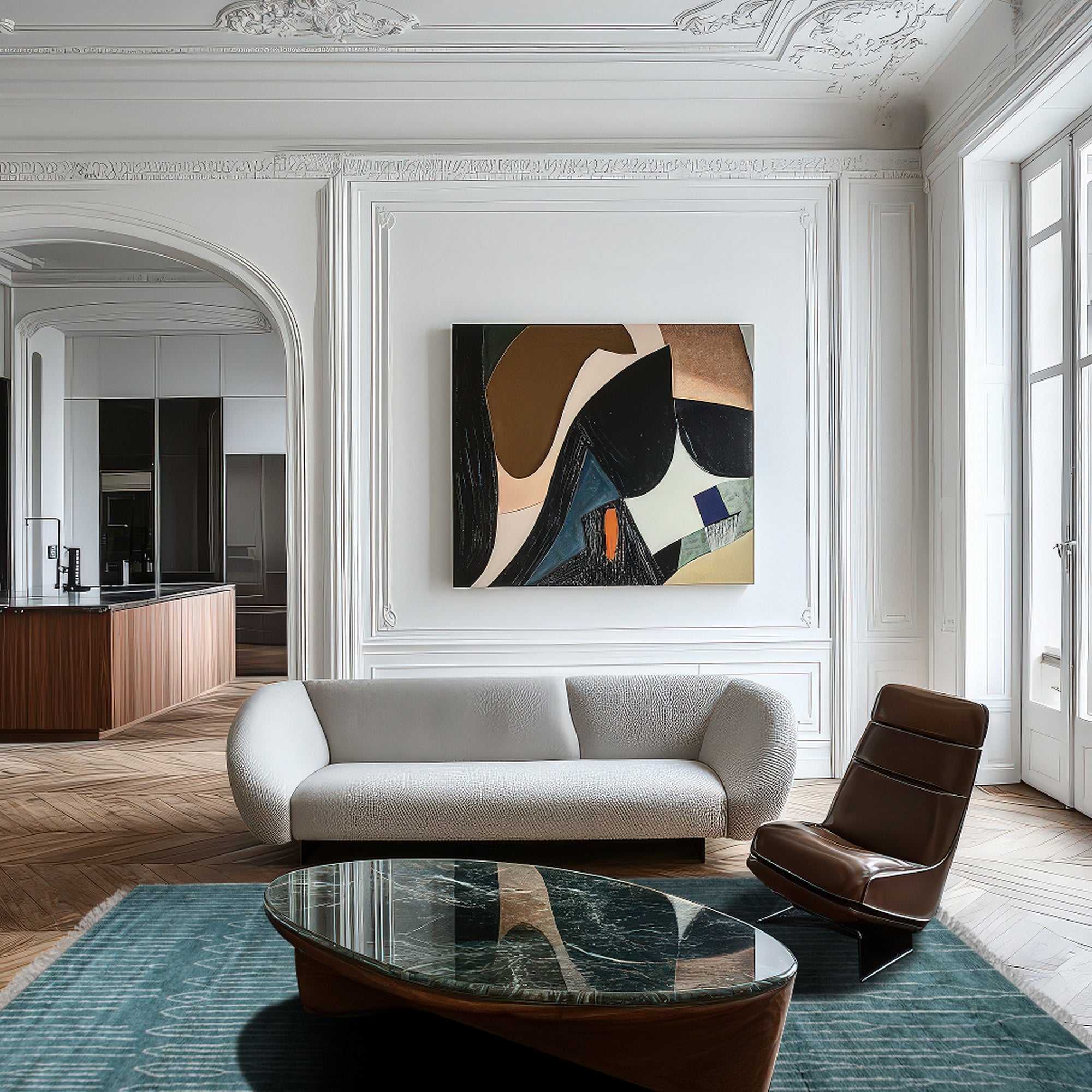 Beautiful Celia Green Hand Knotted Wool Rug, showcasing its intricate floral pattern in verdant greens and subtle creams, rests serenely on a light hardwood floor in a brightly lit room.