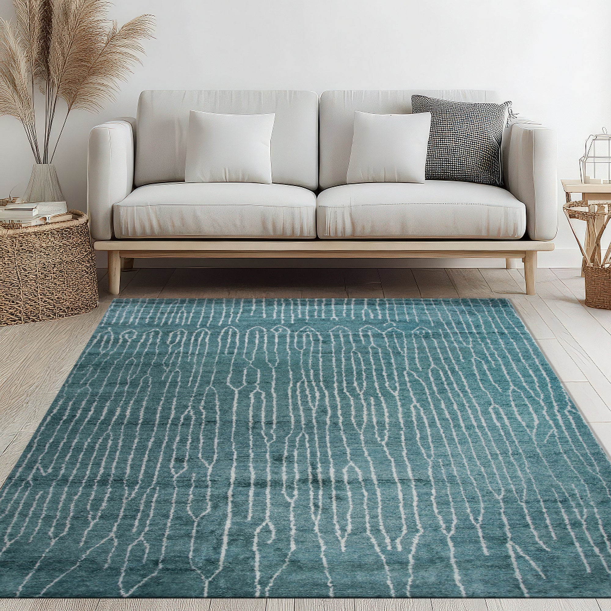 Beautiful Celia Green Hand Knotted Wool Rug, showcasing a verdant palette and intricate hand-knotted texture within a bright, contemporary living space.