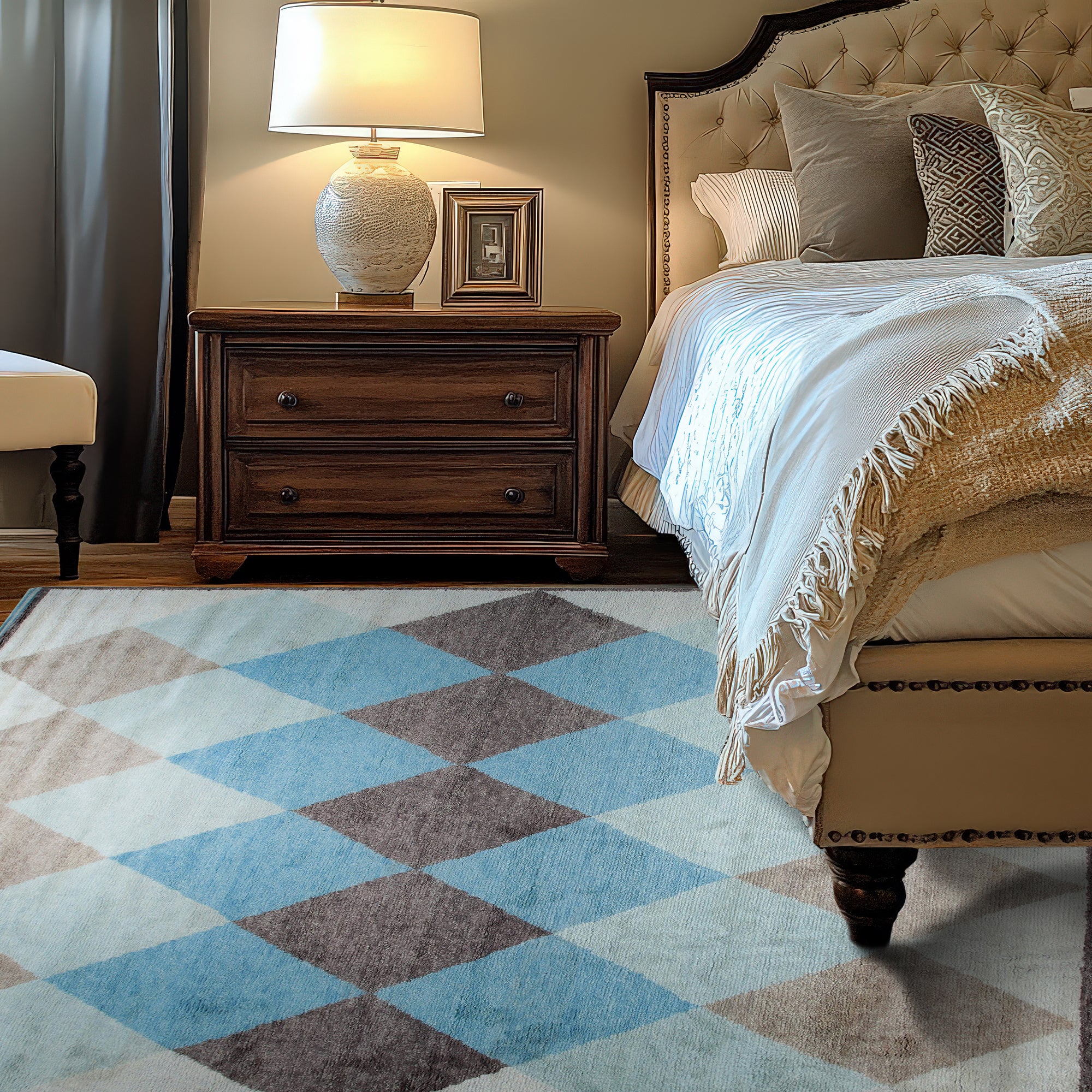 Comfortable Moroccan Multicolor Hand Knotted Wool Rug, bursting with vibrant hues and intricate patterns in a close-up studio shot, showcasing its hand-knotted wool construction.