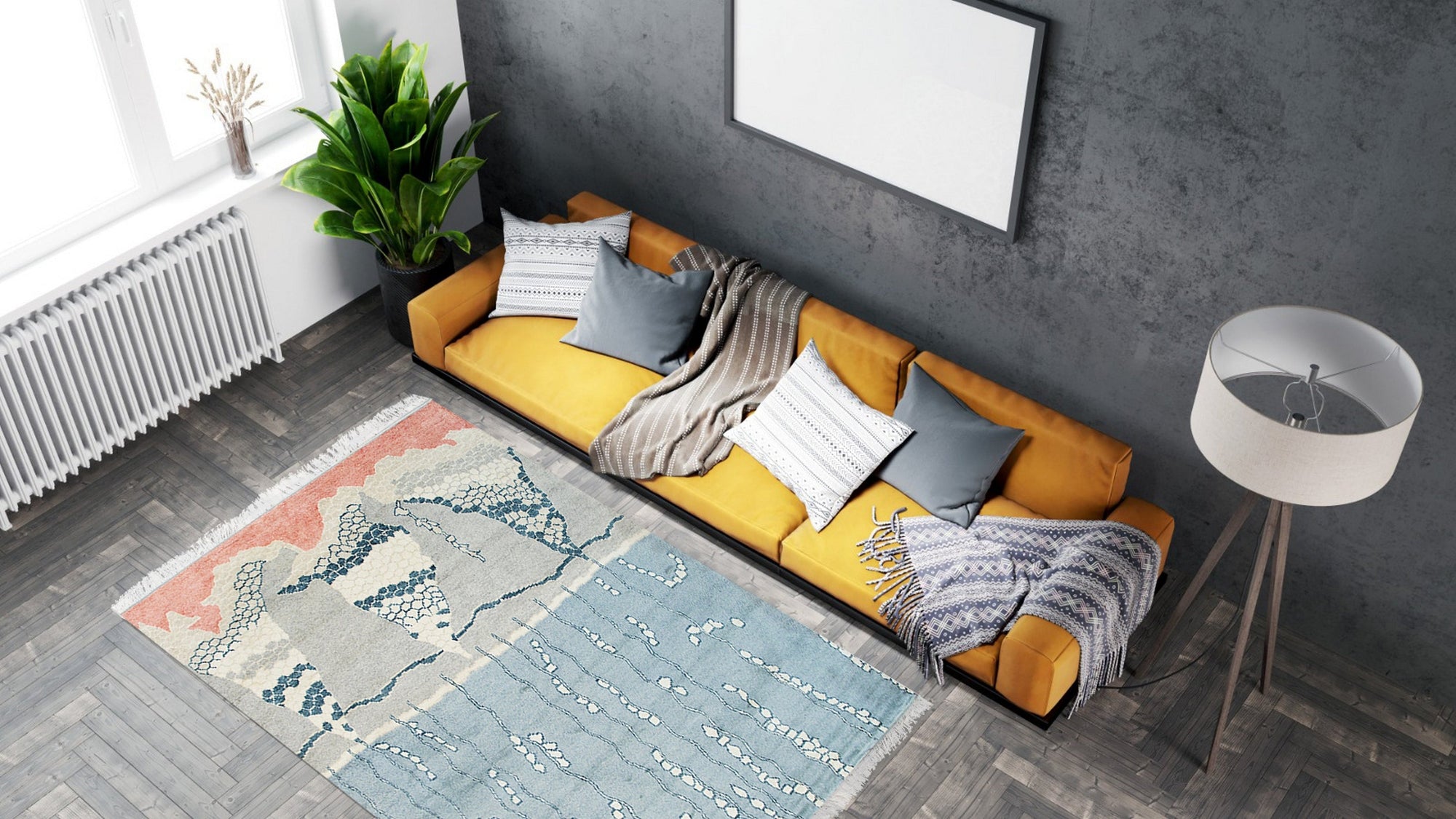 Comfortable Moroccan Multicolor Hand Knotted Wool Rug, vibrant mix of colors and textures in a traditionally knotted wool rug, displayed on a light wood floor, creating a warm and inviting space.