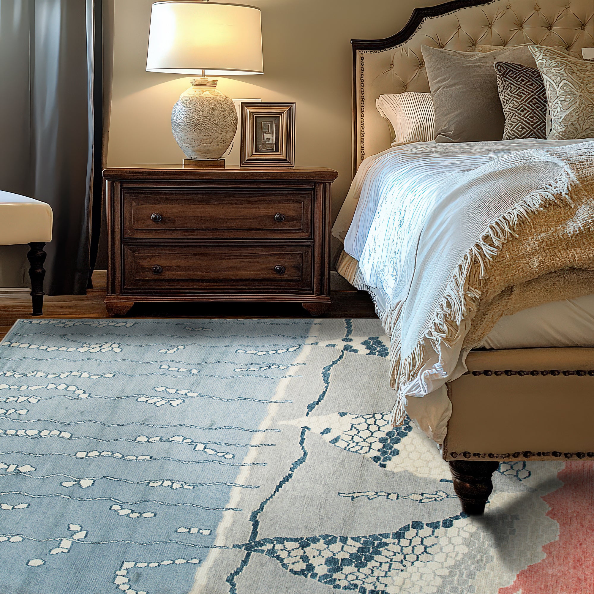 Comfortable Moroccan Multicolor Hand Knotted Wool Rug, its vibrant palette and intricate geometric patterns radiating warmth, rests atop a light wood floor, bathed in soft, natural light.