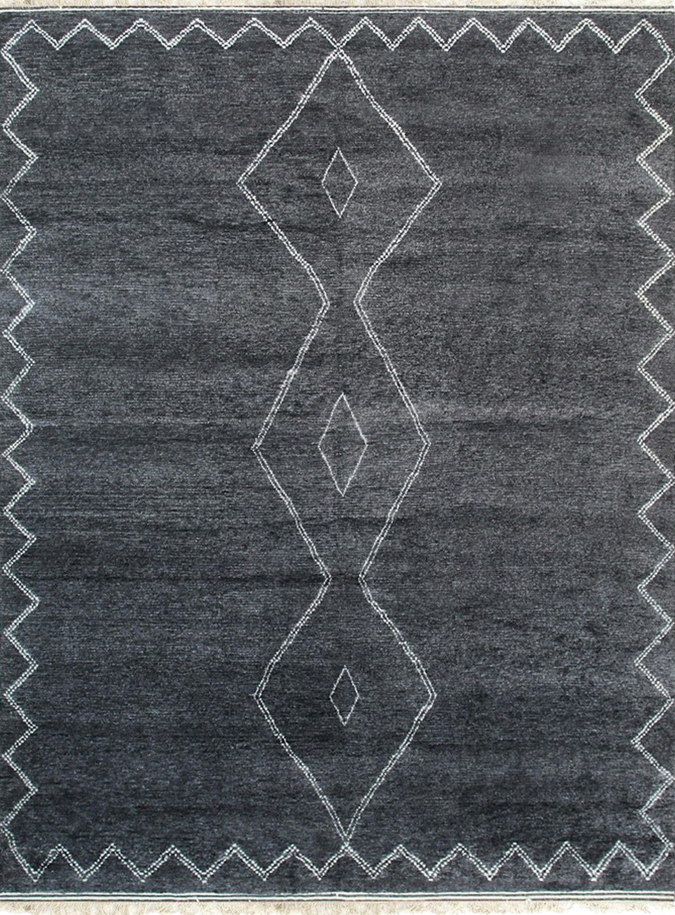 Isolated view of Talia Moroccan Charcoal Hand Knotted Wool Rug, showcasing its intricate diamond lattice design.