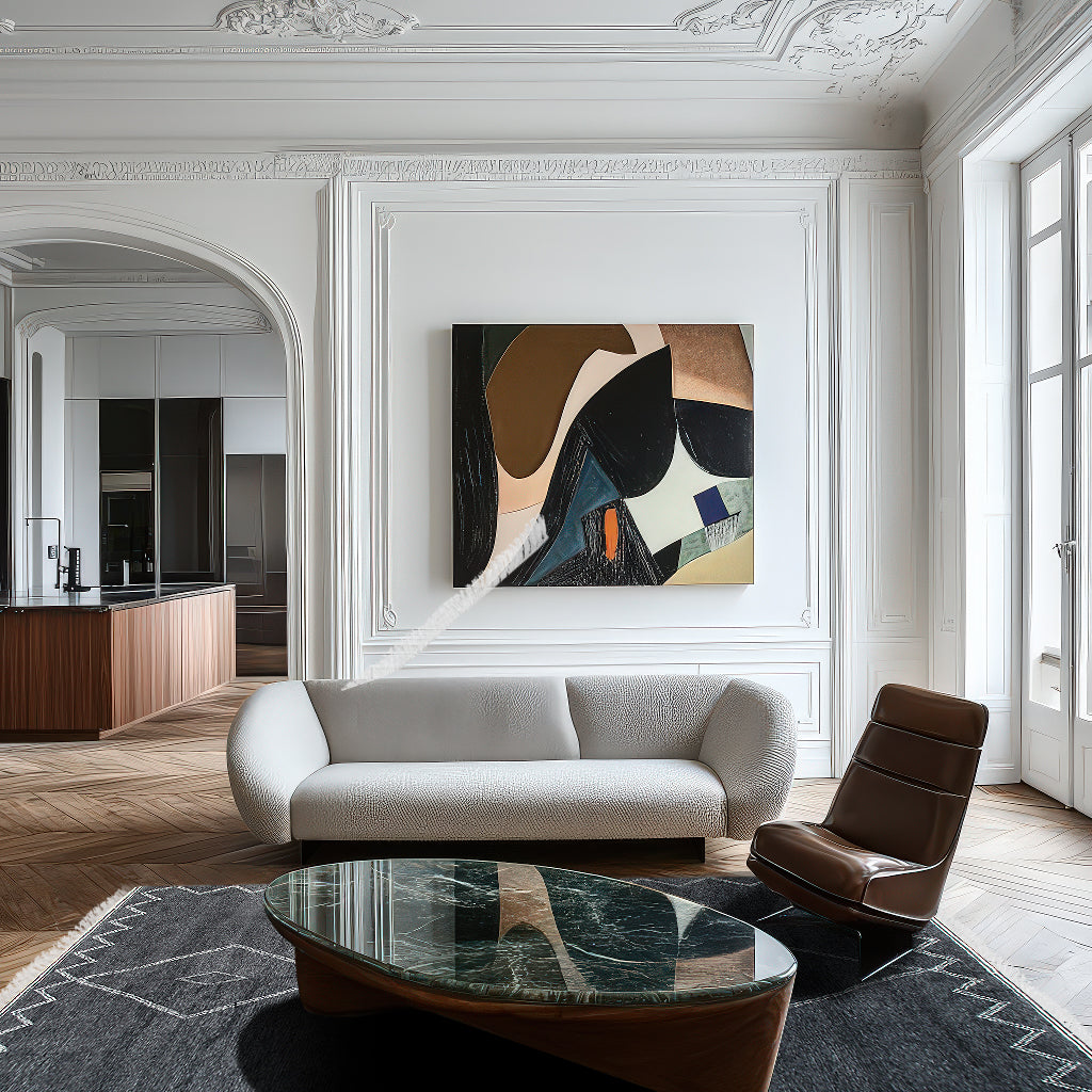 Talia Moroccan Charcoal Hand Knotted Wool Rug draped gracefully over a mid-century modern chair; deep charcoal tones and subtle geometric patterns visible, showcasing the rug's hand-knotted construction and soft wool texture.