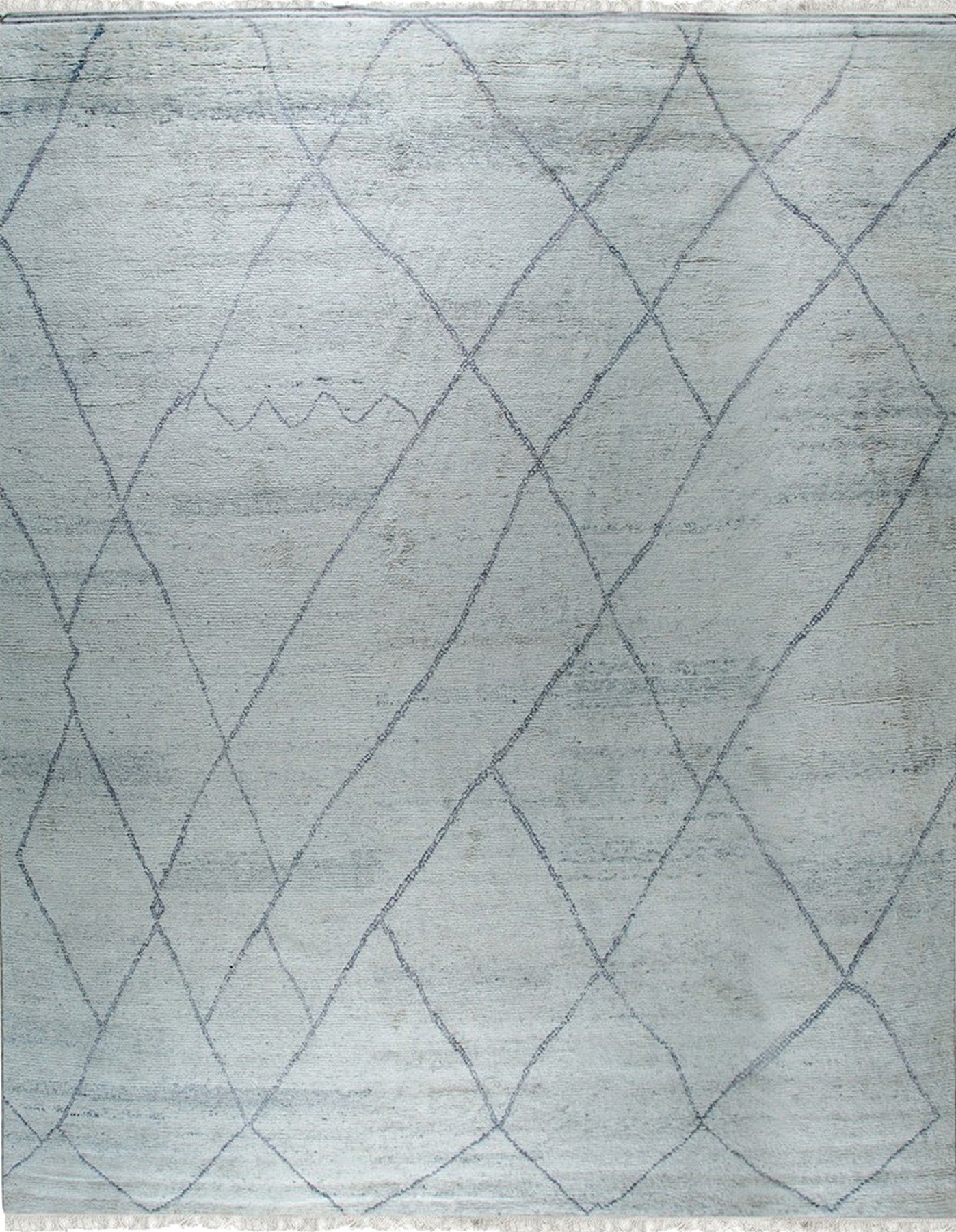 Isolated view of Penelope Diamond Silver Hand Knotted Wool Rug, showcasing its intricate diamond pattern and shimmering silver tones.