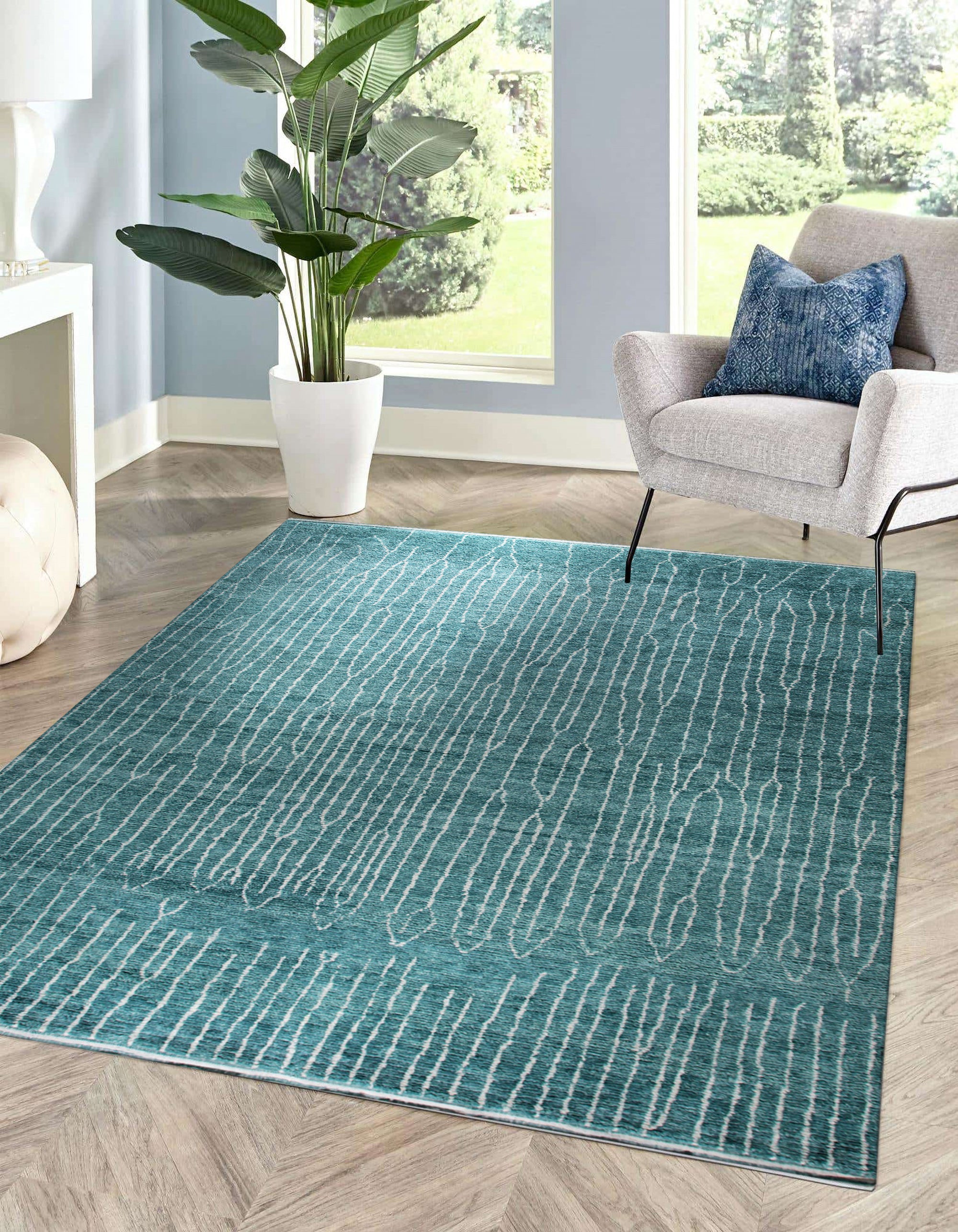 Lush Moroccan Green Hand Knotted Wool Rug, deep emerald tones and textured knots bring luxurious comfort to a sunlit living room, grounding a modern sofa and accentuating natural light.
