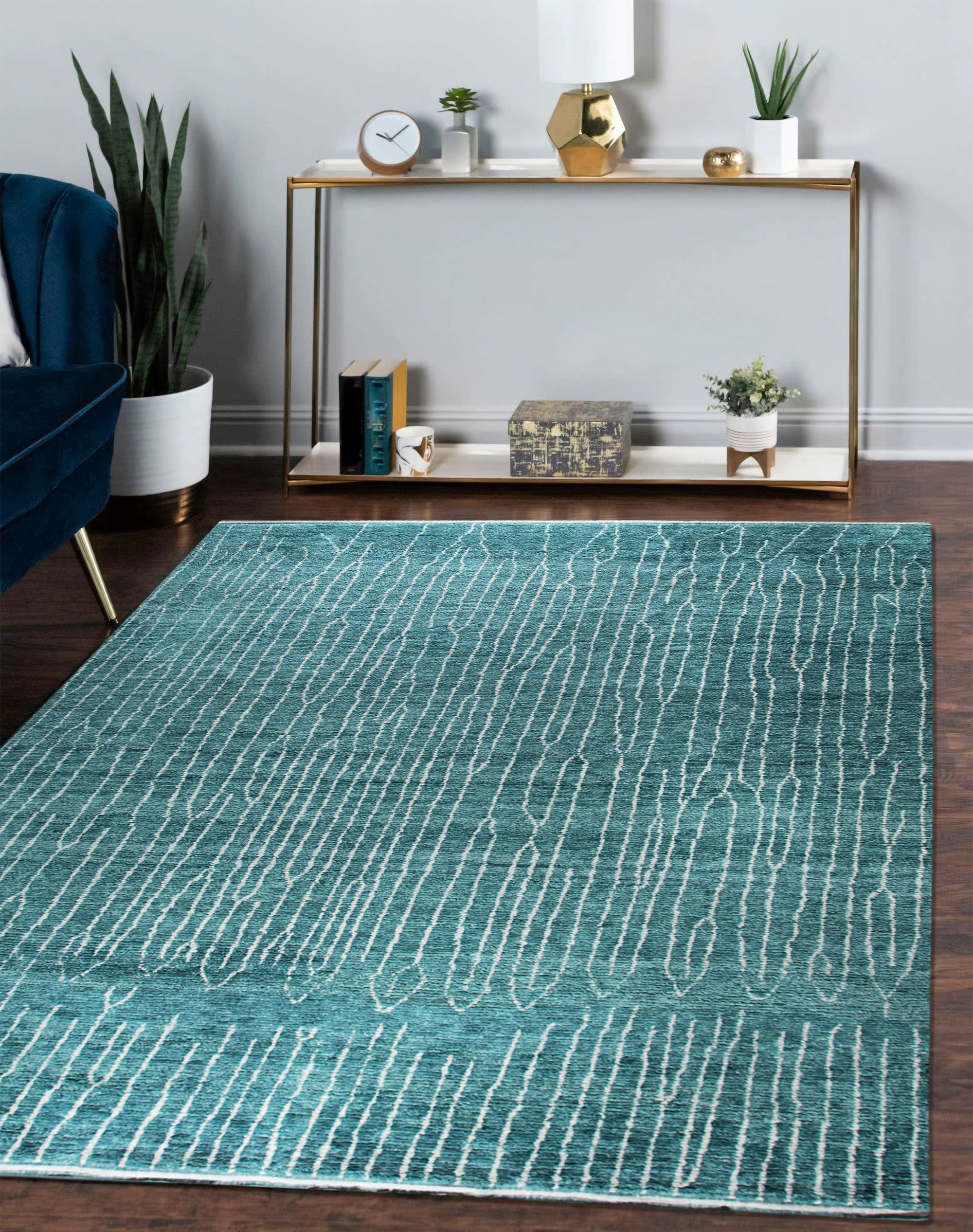 Lush Moroccan Green Hand Knotted Wool Rug, its vibrant emerald hues and intricate Berber knots softening a modern living space with warmth and artisanal charm.