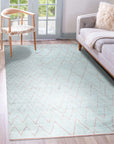 Isla Moroccan Light Blue Hand Knotted Wool Rug, showcasing a bright and airy living space where the rug's light blue tones complement the natural light and neutral decor.