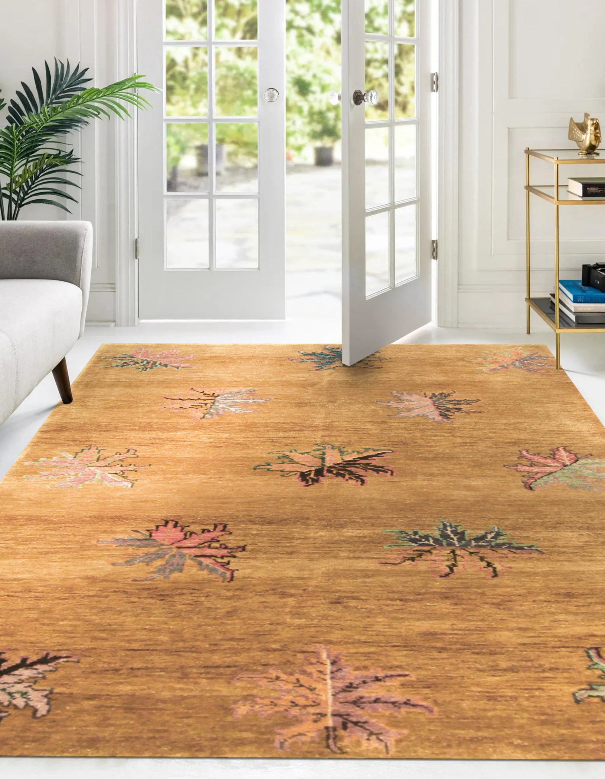 Isla Willow Brown Hand Knotted Wool Rug, its muted browns and subtle willow pattern lending warmth to a sunlit living space with mid-century modern furniture.
