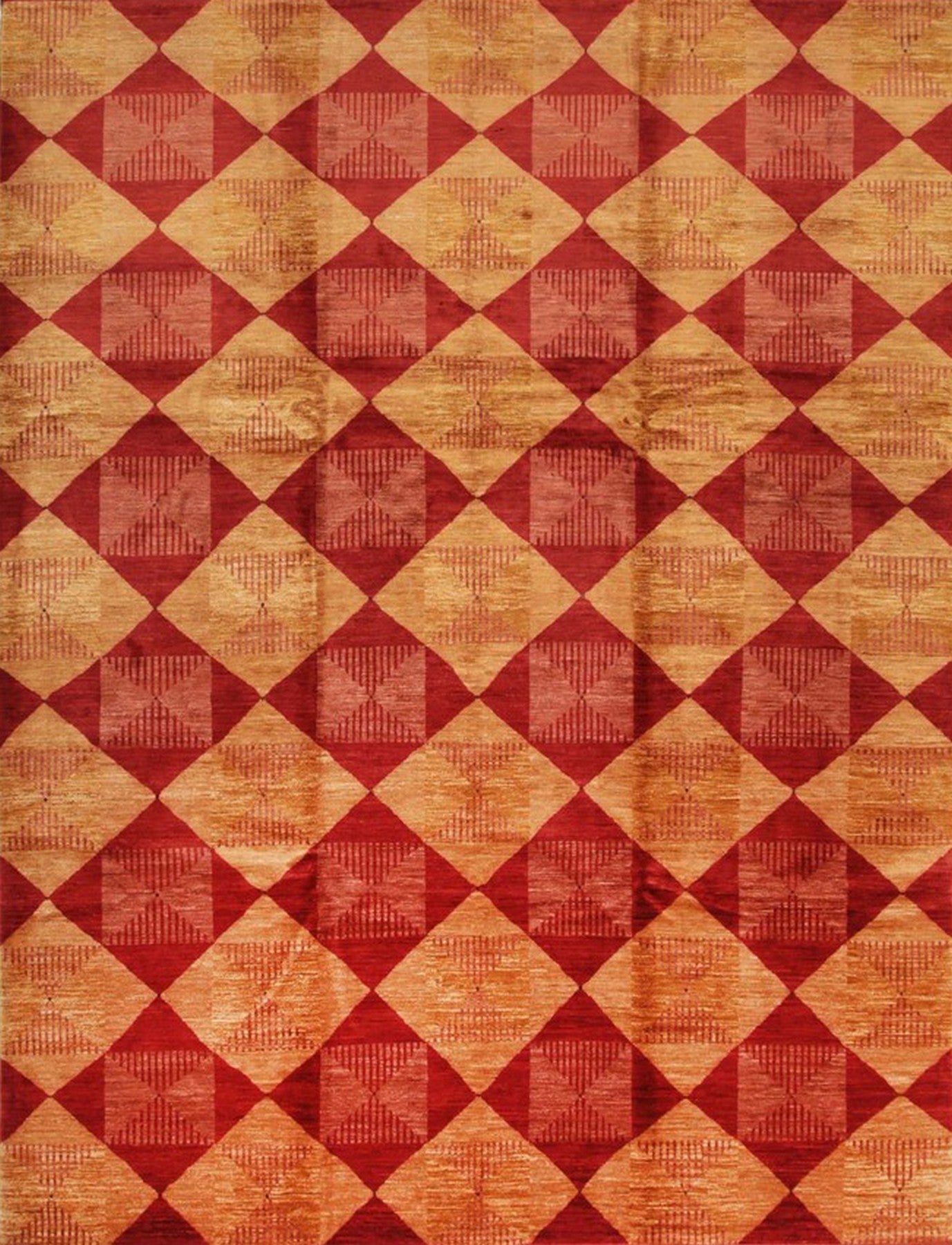 Isolated view of Opulent Classic Red Hand Knotted Afghan Wool Rug, showcasing its intricate geometric design and rich, saturated color.