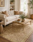 Sloane Lydia Beige Hand Knotted Afghan Wool Rug styled in a serene elegant living room with ivory tufted sofa and natural organic decor - area rug lifestyle photo