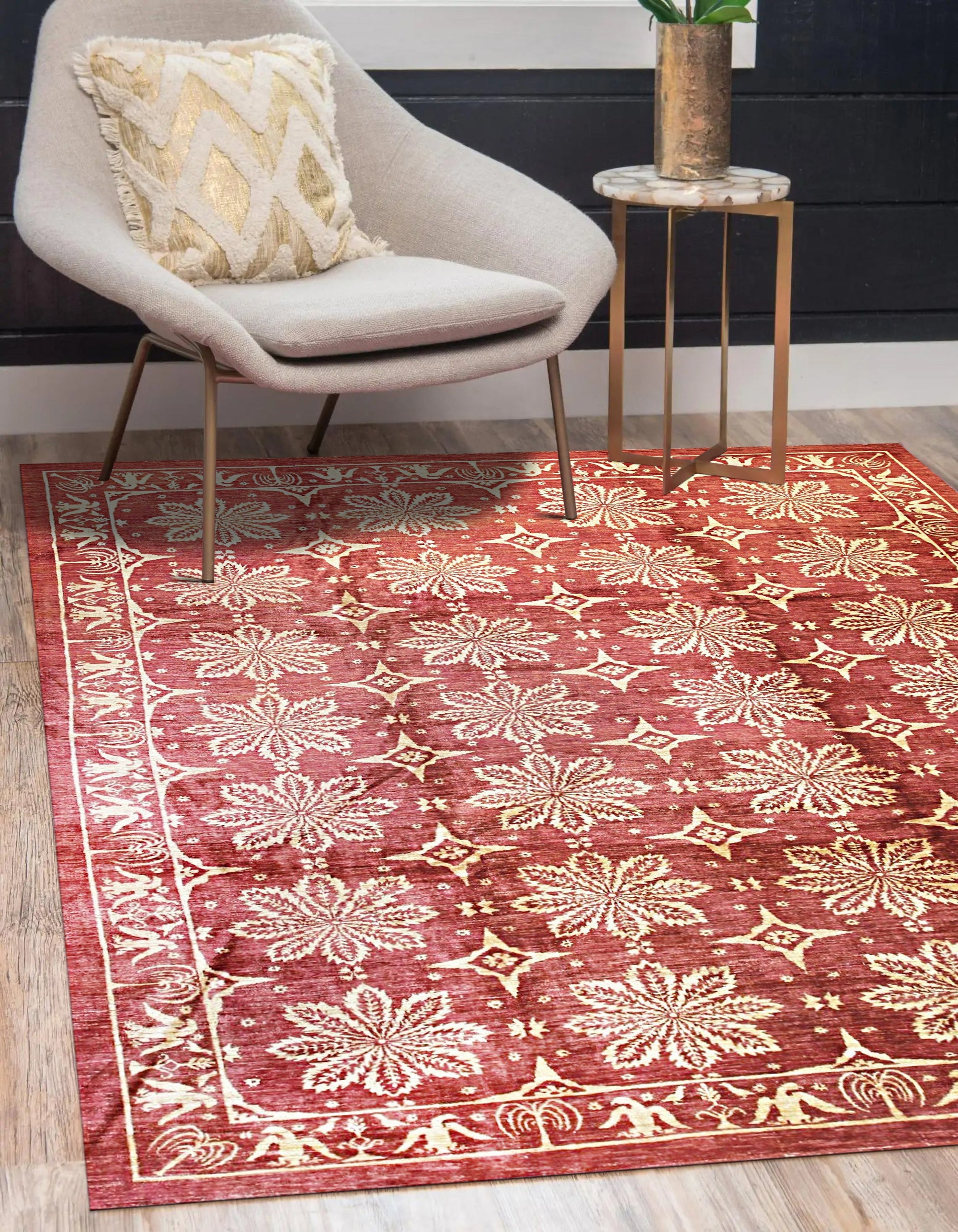 Majestic Artisan Red Hand Knotted Afghan Wool Rug, rich reds and intricate geometric patterns blaze across hand-knotted wool, viewed within a bright, airy living space, adding warmth and texture to the room's decor.