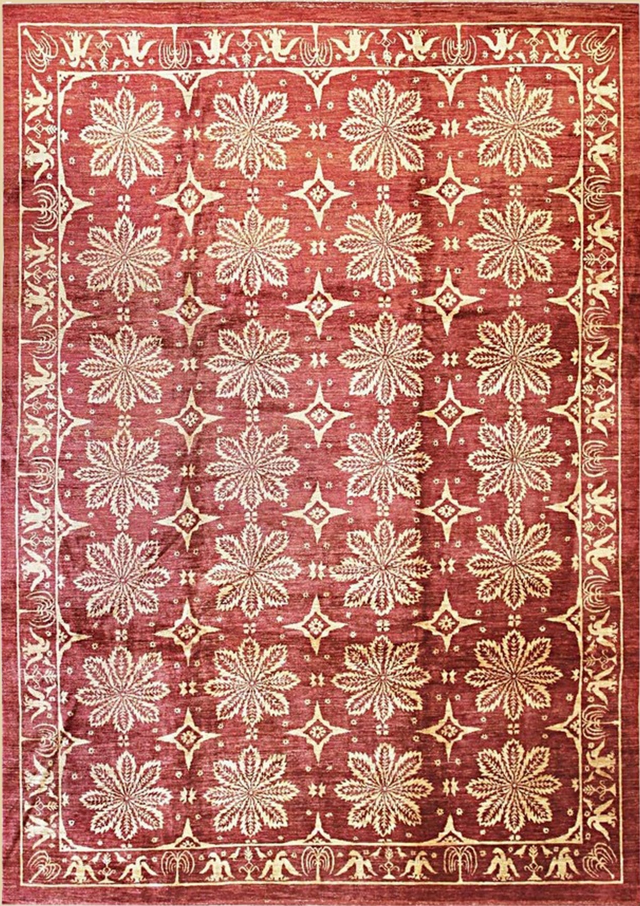Isolated view of Majestic Artisan Red Hand Knotted Afghan Wool Rug, showcasing its intricate geometric design and rich, saturated red hues.