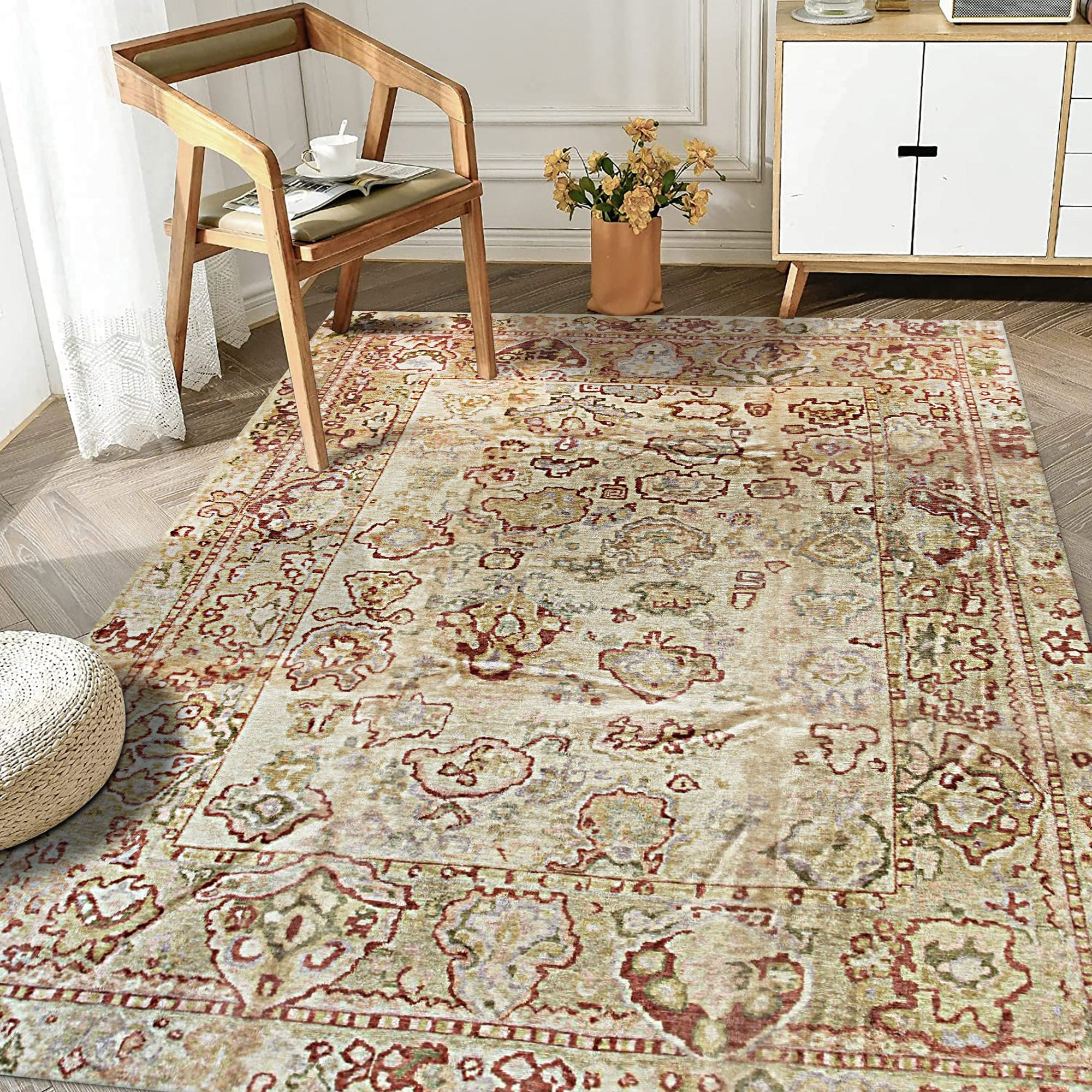 Sarrah Oushak Beige Hand Knotted Rug, a warm beige wool rug with a traditional Oushak pattern, displayed on a light hardwood floor, showcasing its intricate hand-knotted details.