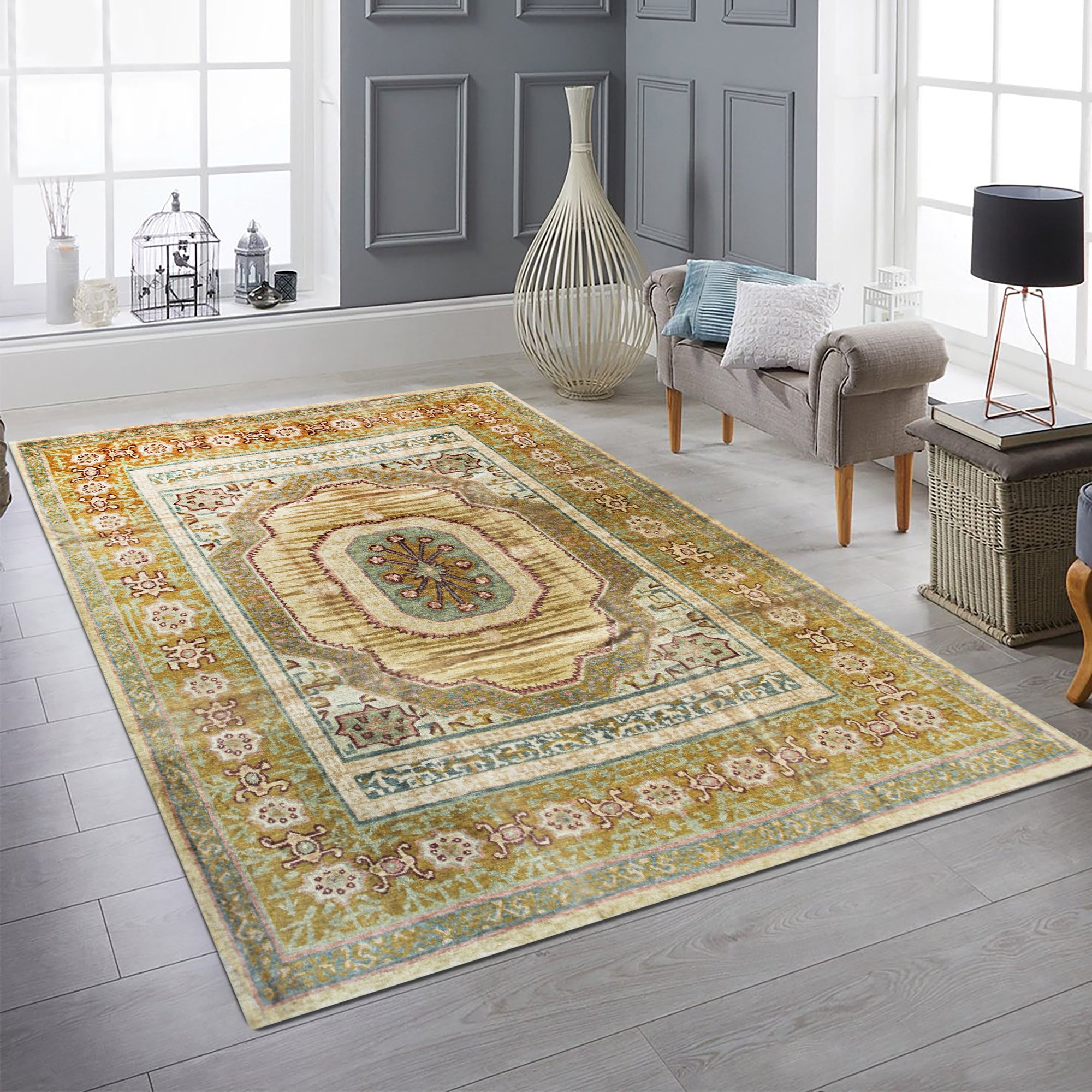 Lush Oushak Green Hand Knotted Rug, a verdant expanse of hand-knotted wool, displaying intricate Oushak patterns in shades of green and cream, lying flat and ready to enrich a space.