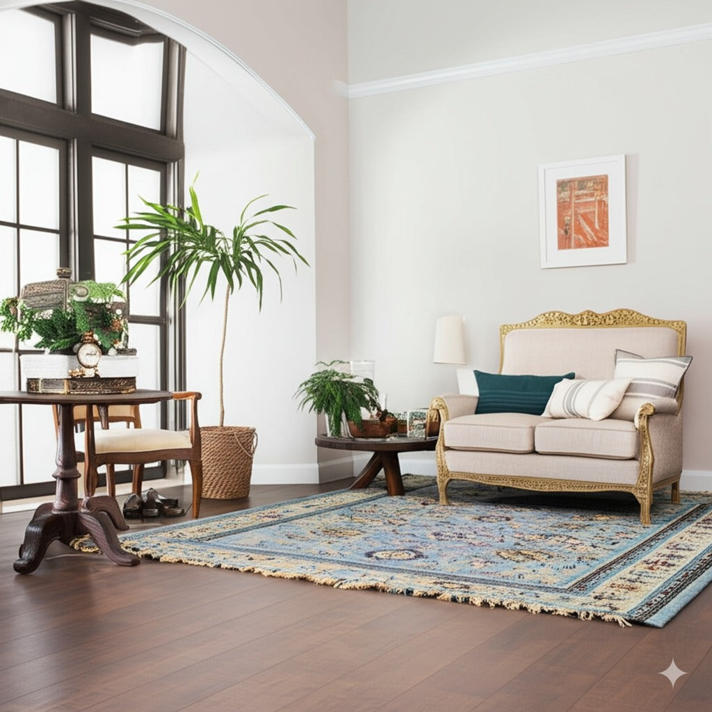 Azure Elegance Handmade Mohair Oushak Rug