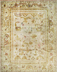 Elena Oushak Beige Hand Knotted Rug, showcasing its intricate floral and geometric design in warm beige tones.