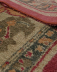 Opulent Oushak Red Hand Knotted Rug, vibrant red wool rug with intricate floral and geometric designs, displayed on a hardwood floor in a well-lit room.