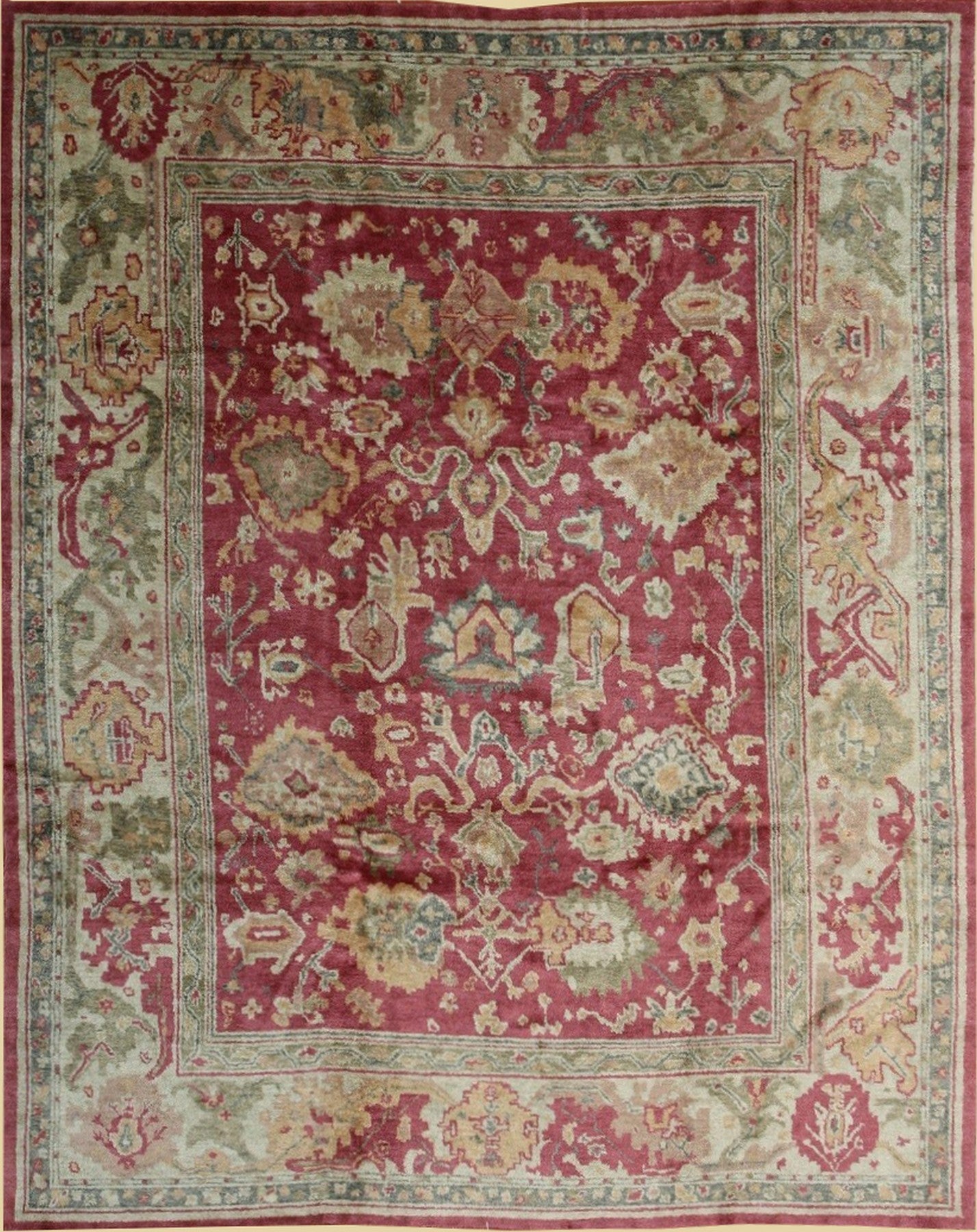 Isolated view of Opulent Oushak Red Hand Knotted Rug, showcasing its intricate floral and geometric design.