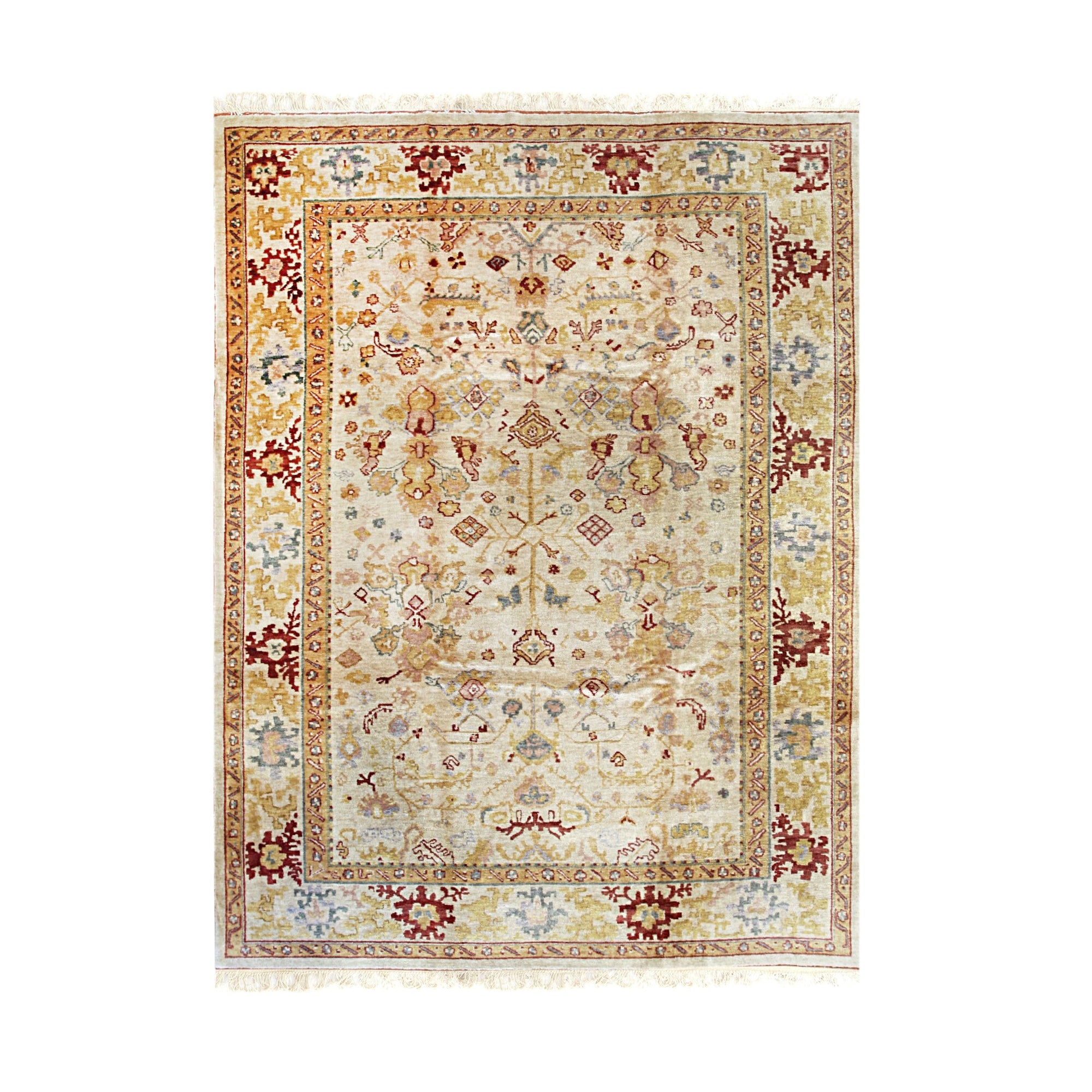 Isolated view of Jade Oushak Beige Hand Knotted Rug, showcasing its intricate floral medallion and subtle, warm color palette.