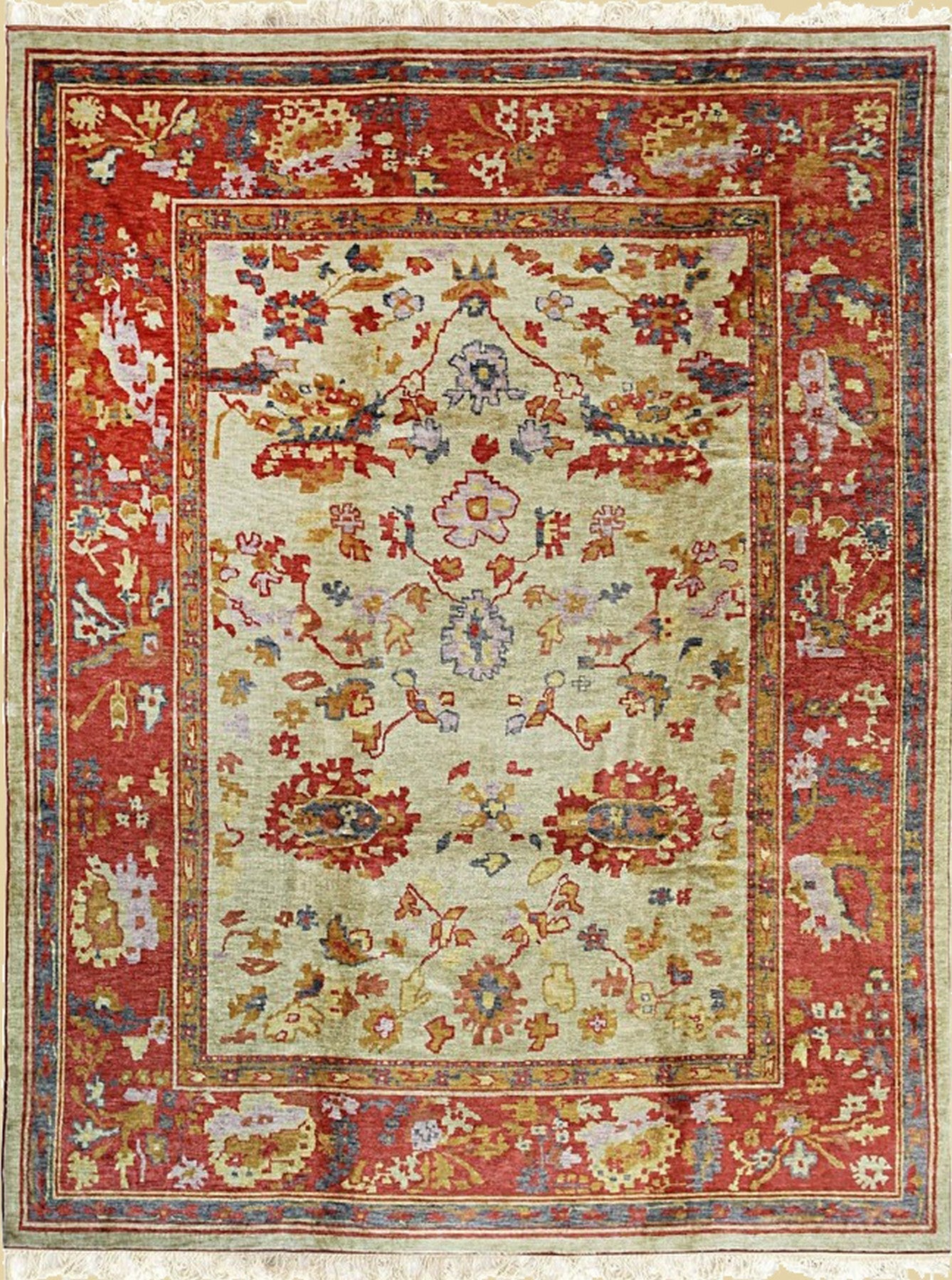 Isolated view of Selene Oushak Red Hand Knotted Rug, showcasing its intricate, floral-inspired design.