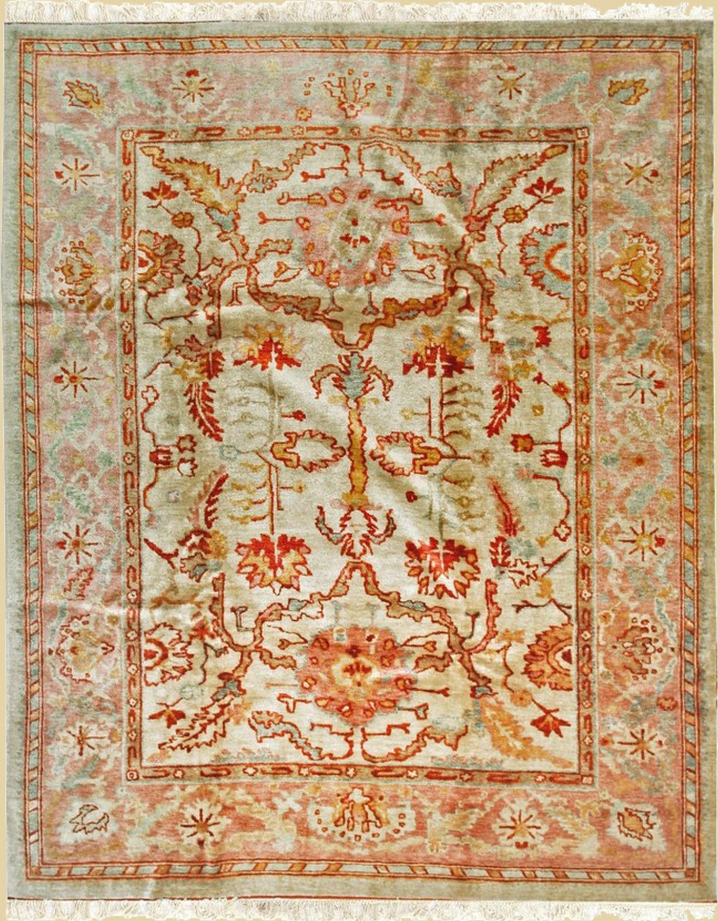 Isolated view of Cozy Oushak Beige Hand Knotted Rug, showcasing its design.