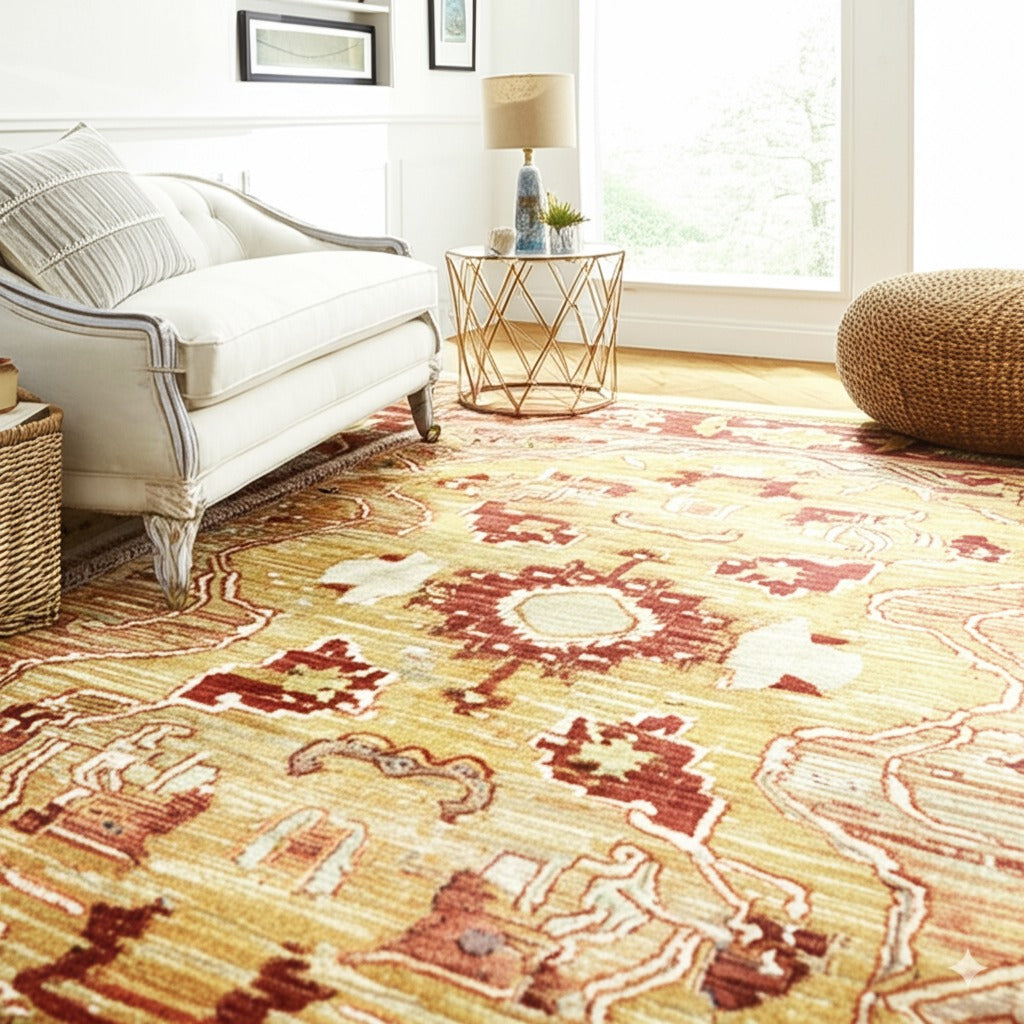 Beautiful Mohair Oushak Gold Hand Knotted Rug