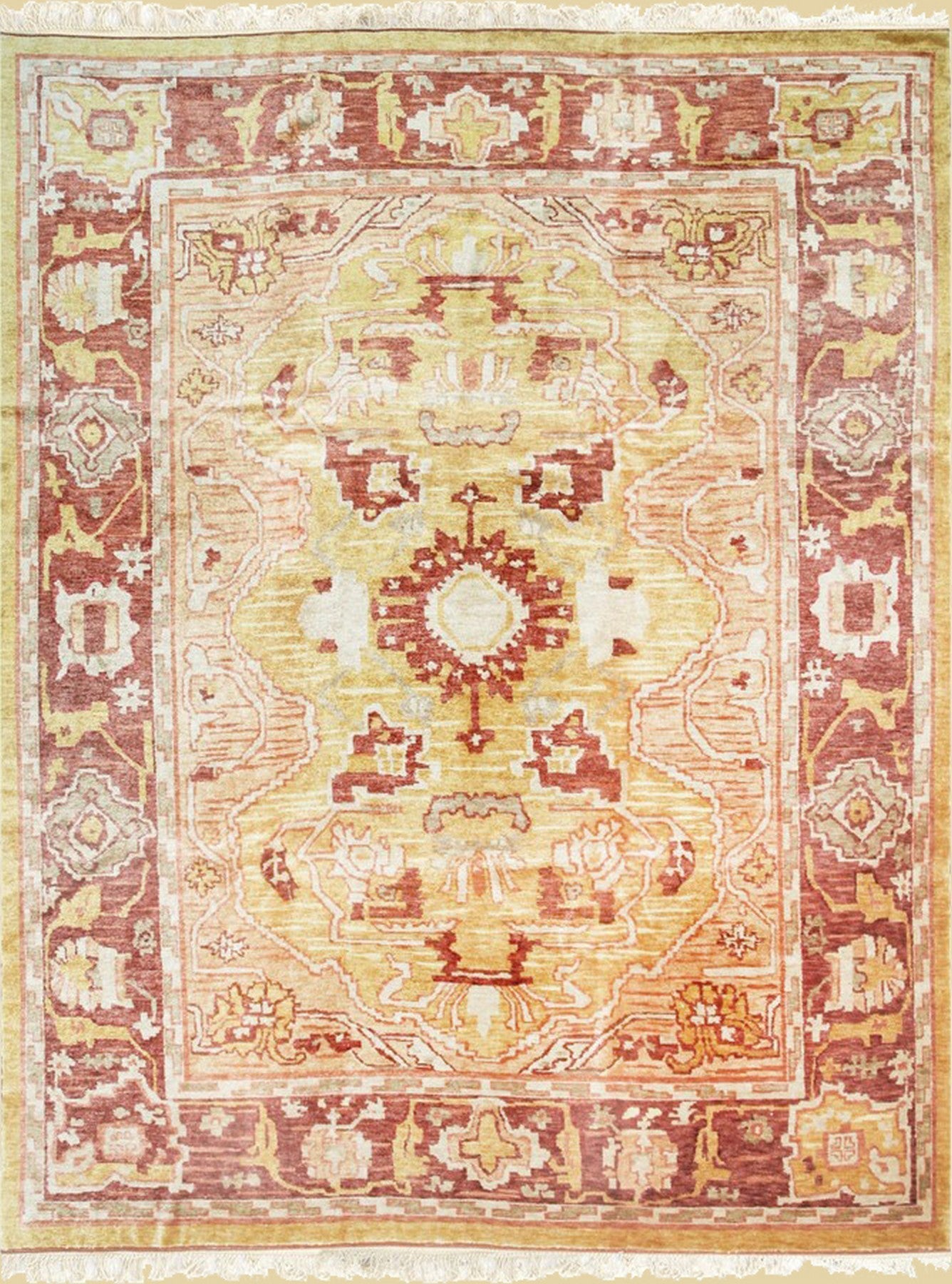 Isolated view of Beautiful Oushak Gold Hand Knotted Rug, showcasing its intricate design.