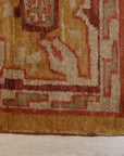 Beautiful Oushak Gold Hand Knotted Rug, warm gold tones and intricate floral patterns unfurl across a hand-knotted wool pile, grounding a softly lit living space.