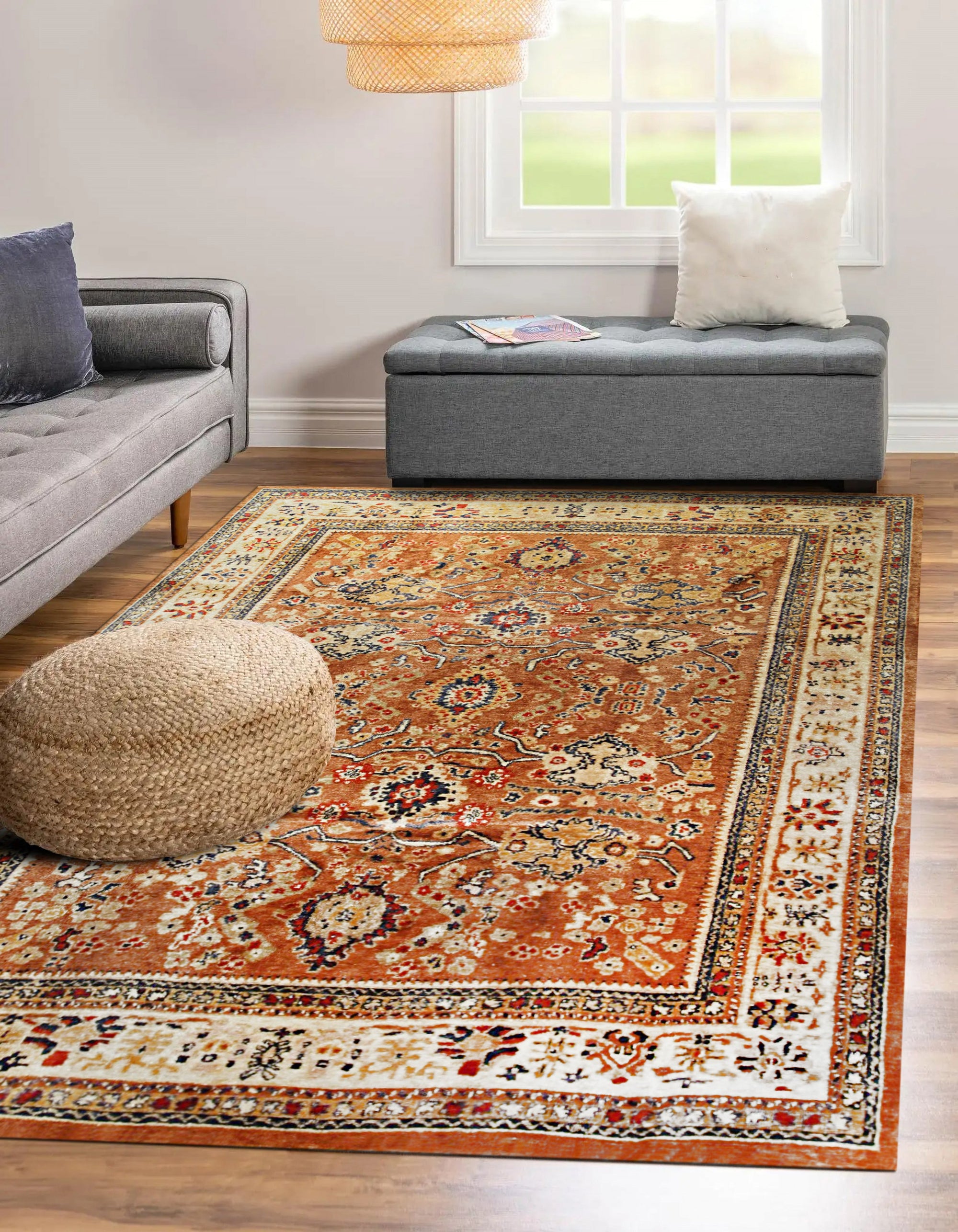 Maya Oushak Brown Hand Knotted Rug, its intricate Oushak design in warm browns and subtle creams unfolds across a hand-knotted wool surface.