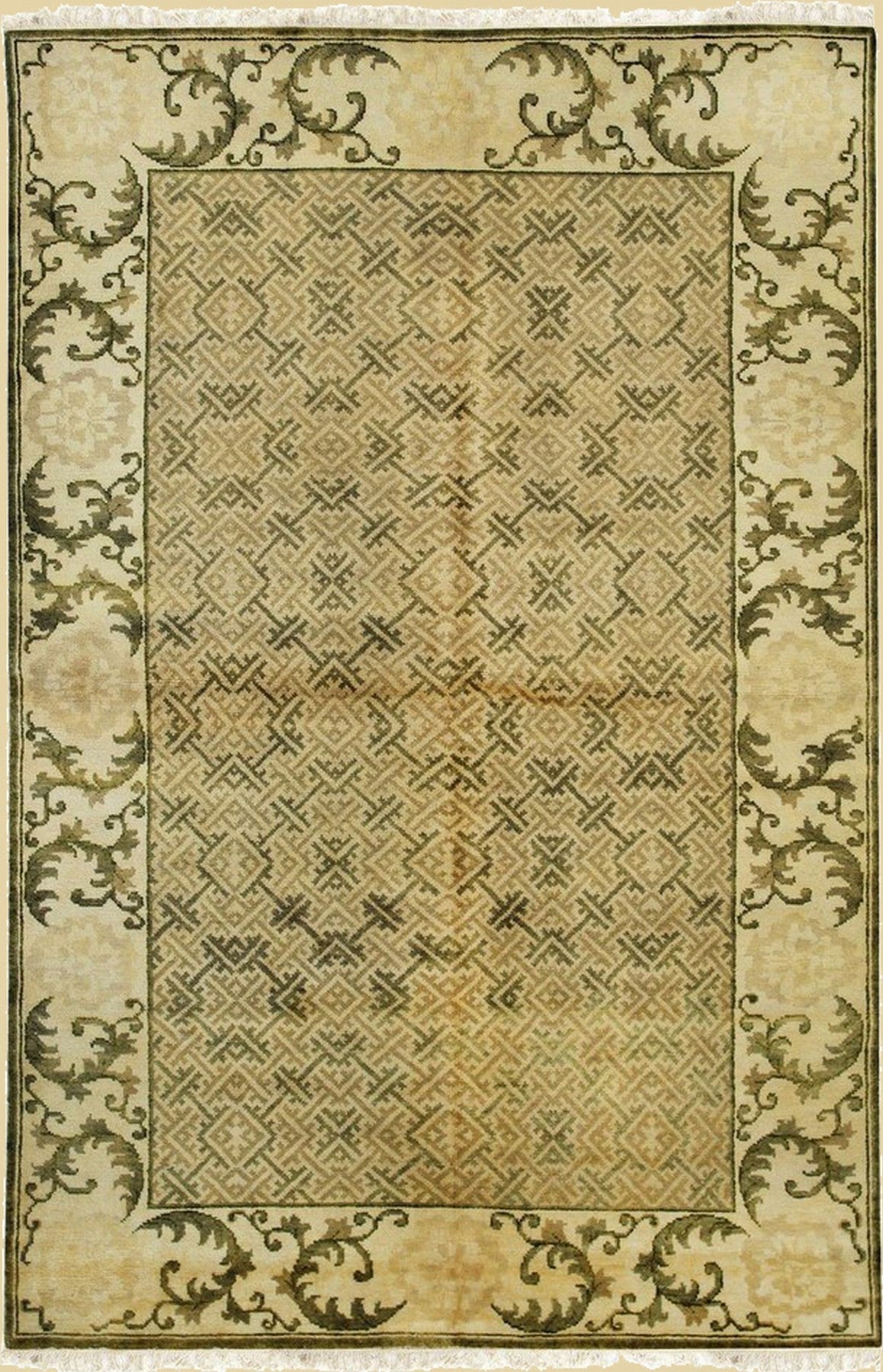 Isolated view of Classic Elena Green Hand Knotted Wool Rug, showcasing its design.